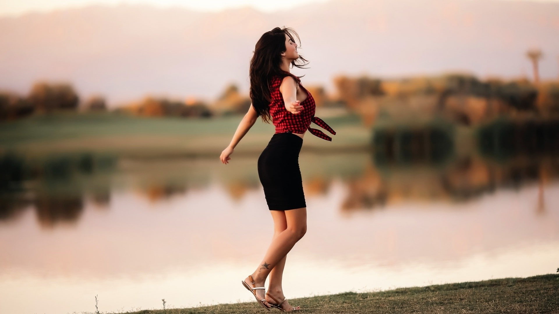 women model brunette long hair women outdoors skirt tattoo checkered shirt nature lake trees closed eyes happy depth of field dancing smiling happiness reflection, HD Wallpaper