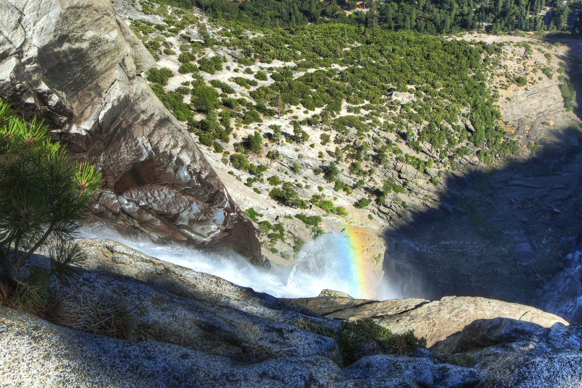 falls, 1080P, nature and landscapes, waterfall, bushes, cliff, rainbow, HD Wallpaper