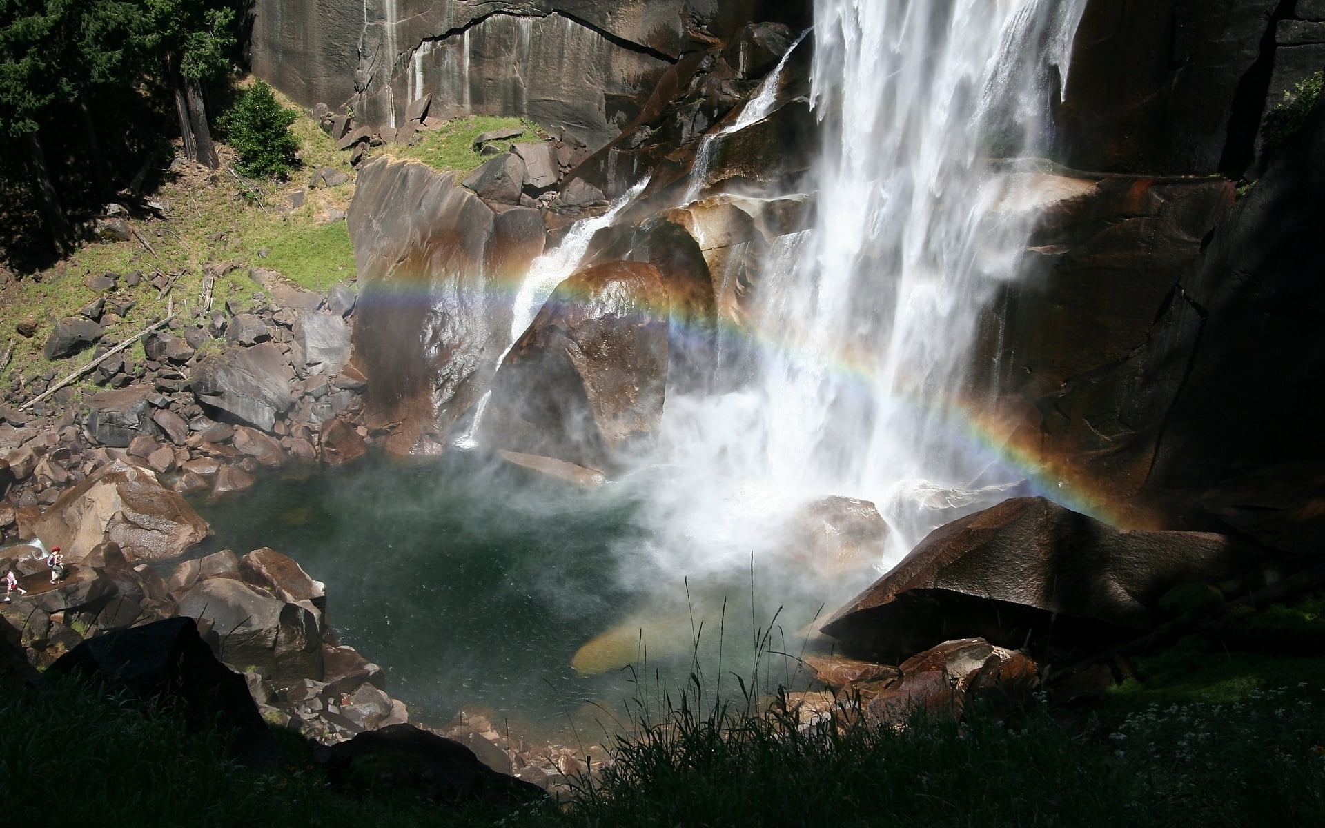 flowing, solid, non-urban scene, tree, scenics, nature, stone - Object, rocks, travel, 1080P, landscape, day, mountain, waterfalls, rainbow, plant, falling water, HD Wallpaper