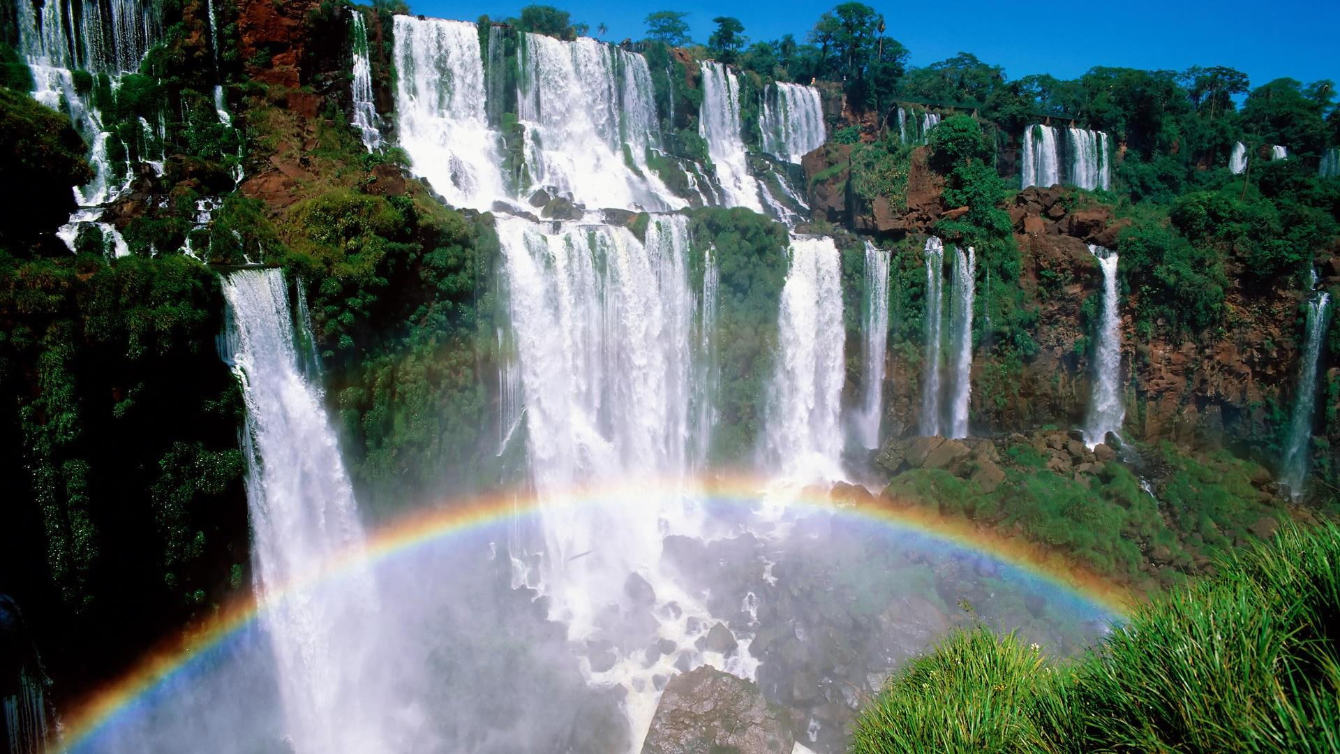 1080P, rainbow, mountains, waterfalls, nature and landscapes, nature, rainbows, HD Wallpaper