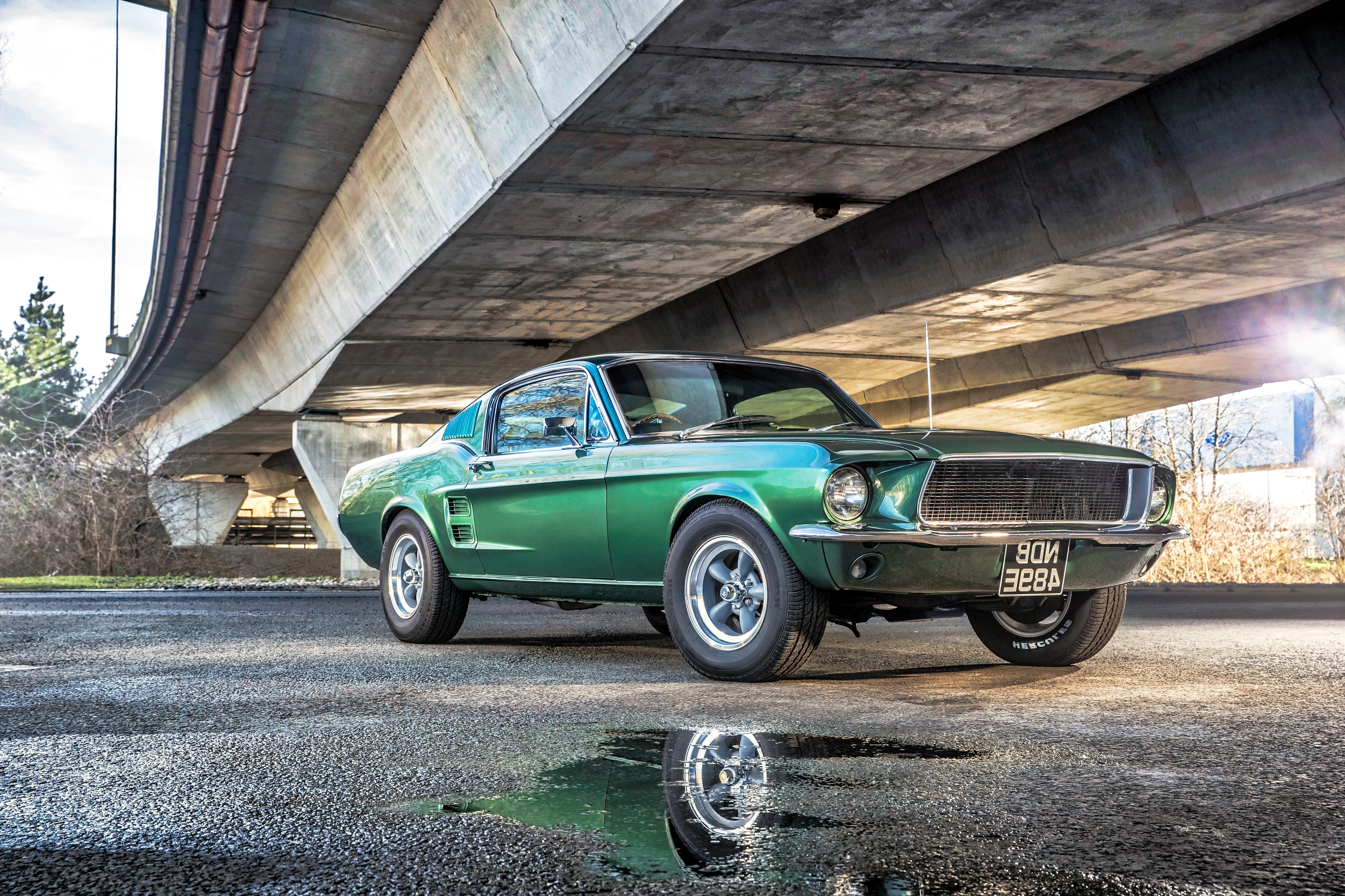 Mustang, 4K, Colorful, Beautiful, Green, Automotive, Ford, American Muscle, Fastback, GT390, under the bridge, Rear, Classic, Fall, HD Wallpaper