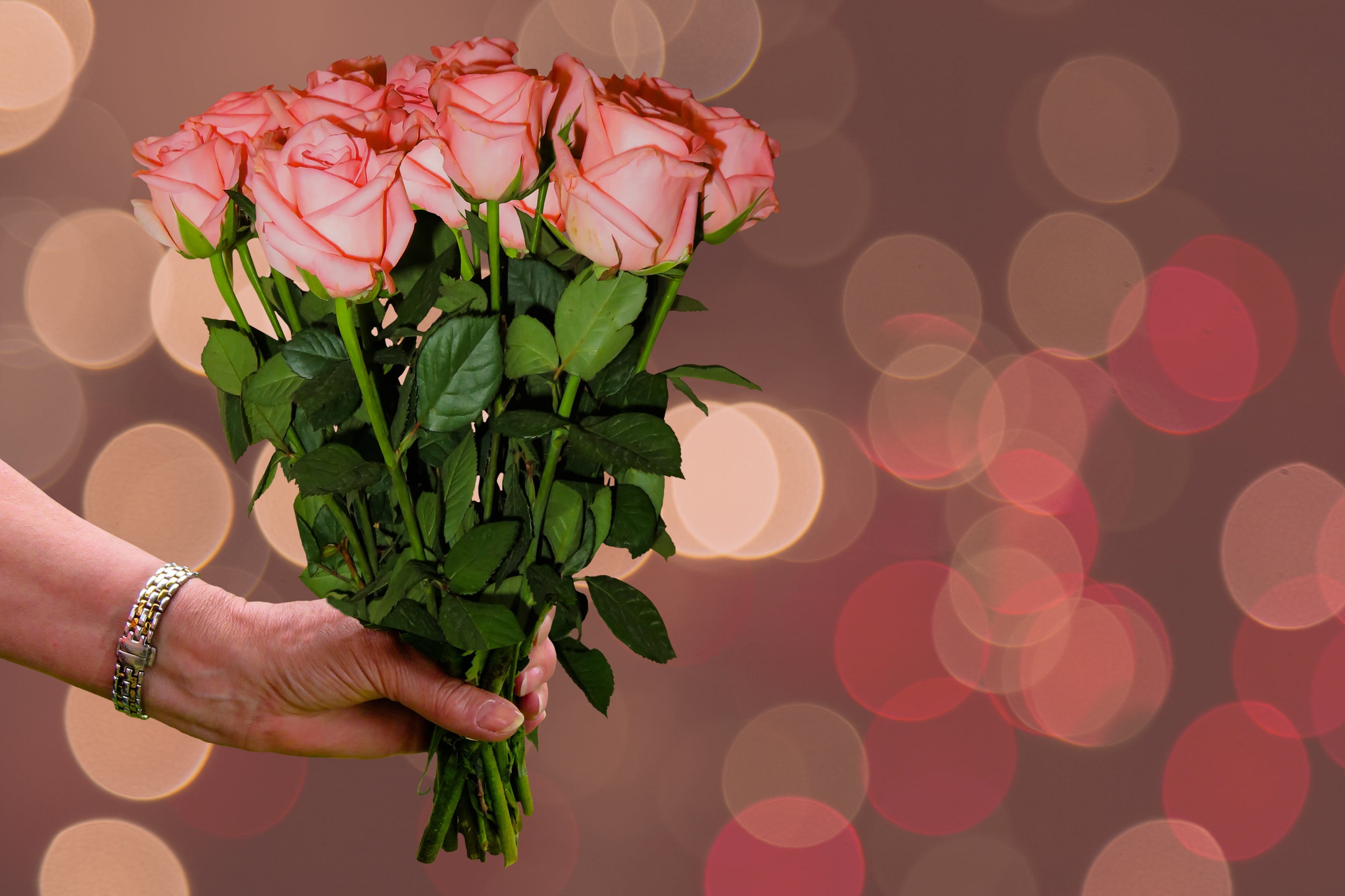 pink, bouquet, flower, birthday card, plant, give, flower arrangement, bright, freshness, connectedness, holding, beauty in nature, one person, women, greeting, HD Wallpaper