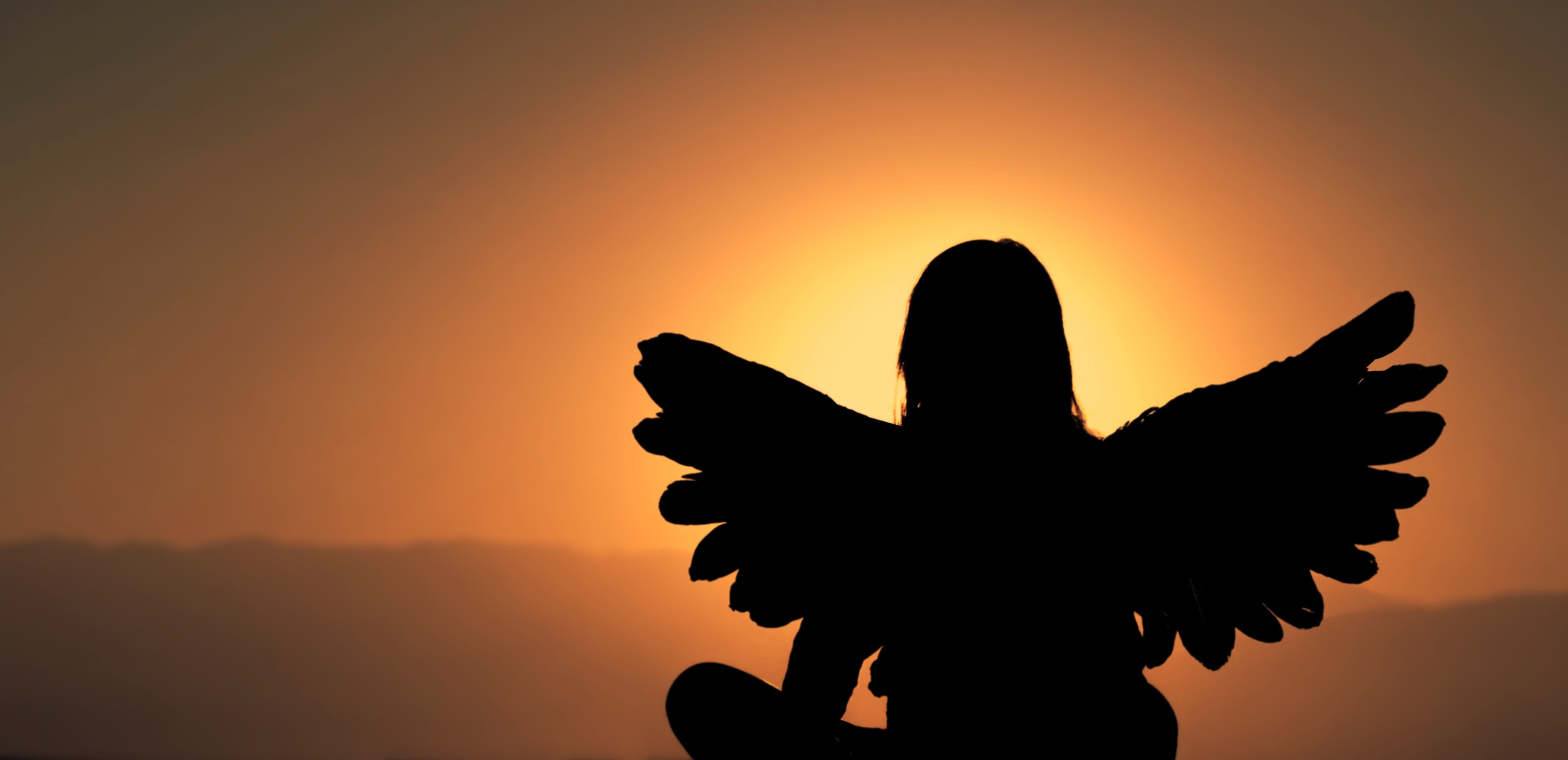 sun, evening, mountains, outdoors, angel, 4K, lifestyles, one person, silhouette, nature, evening sun, sky, finger, human limb, real people, a new day, HD Wallpaper