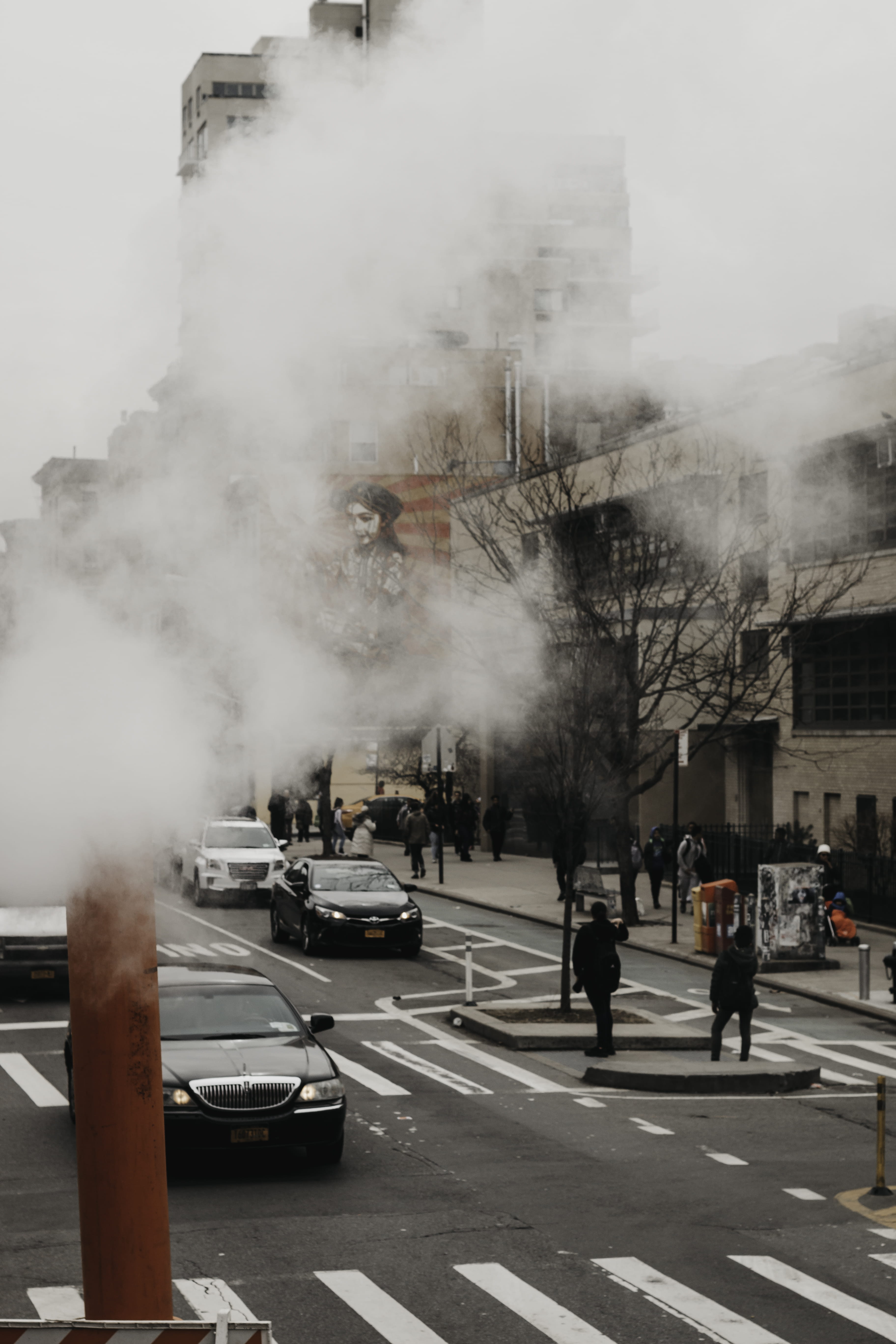 automobile, bare, smoke - physical structure, road, person, city break, new york, street, city life, 5K, air pollution, near, vehicle, crossing, standing, Phone HD Wallpaper