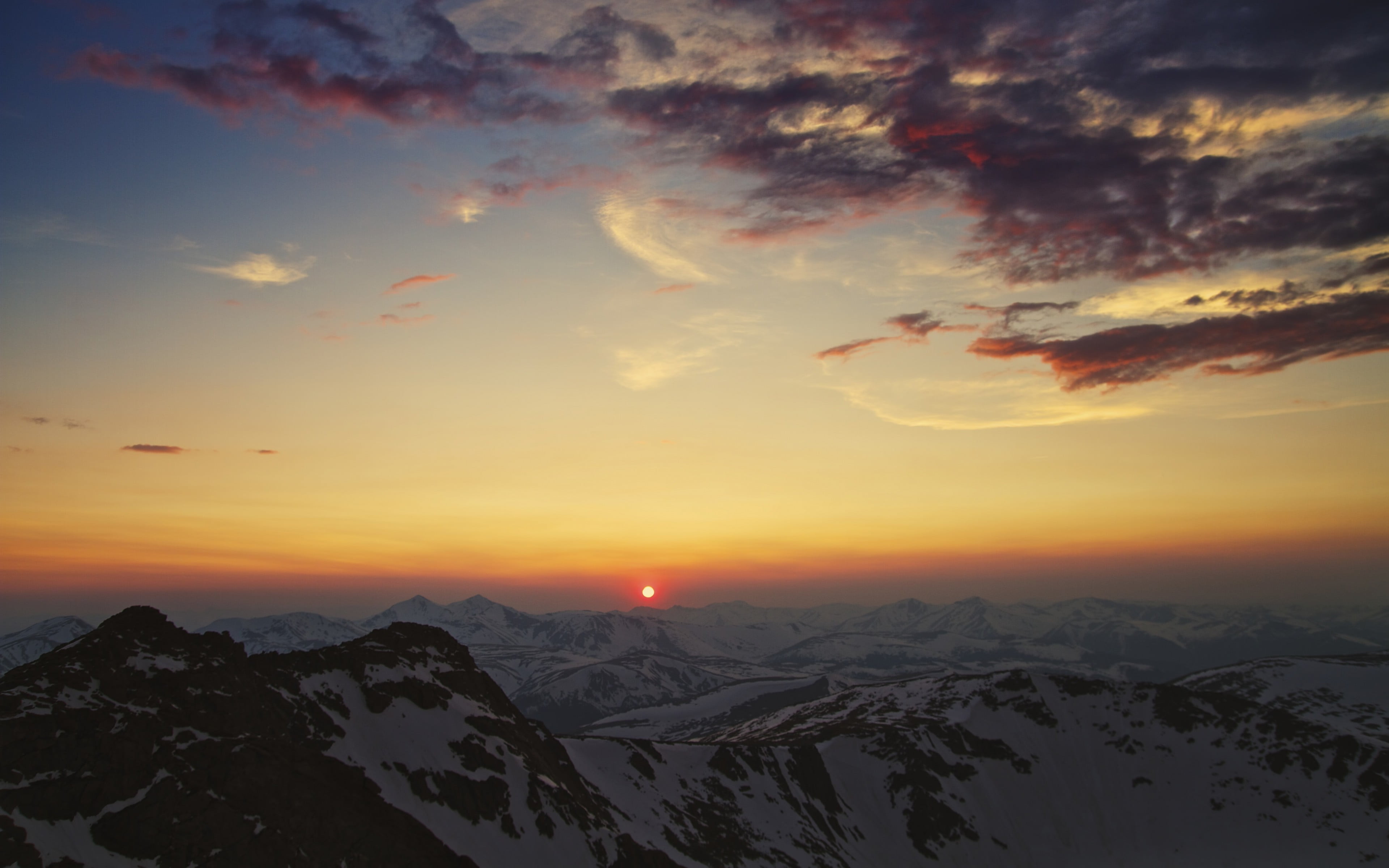 tranquility, cloud - sky, mountain peak, sunset, red, sky, idyllic, cold temperature, mountain, landscape, winter, white, snow, 4K, orange color, non-urban scene, HD Wallpaper