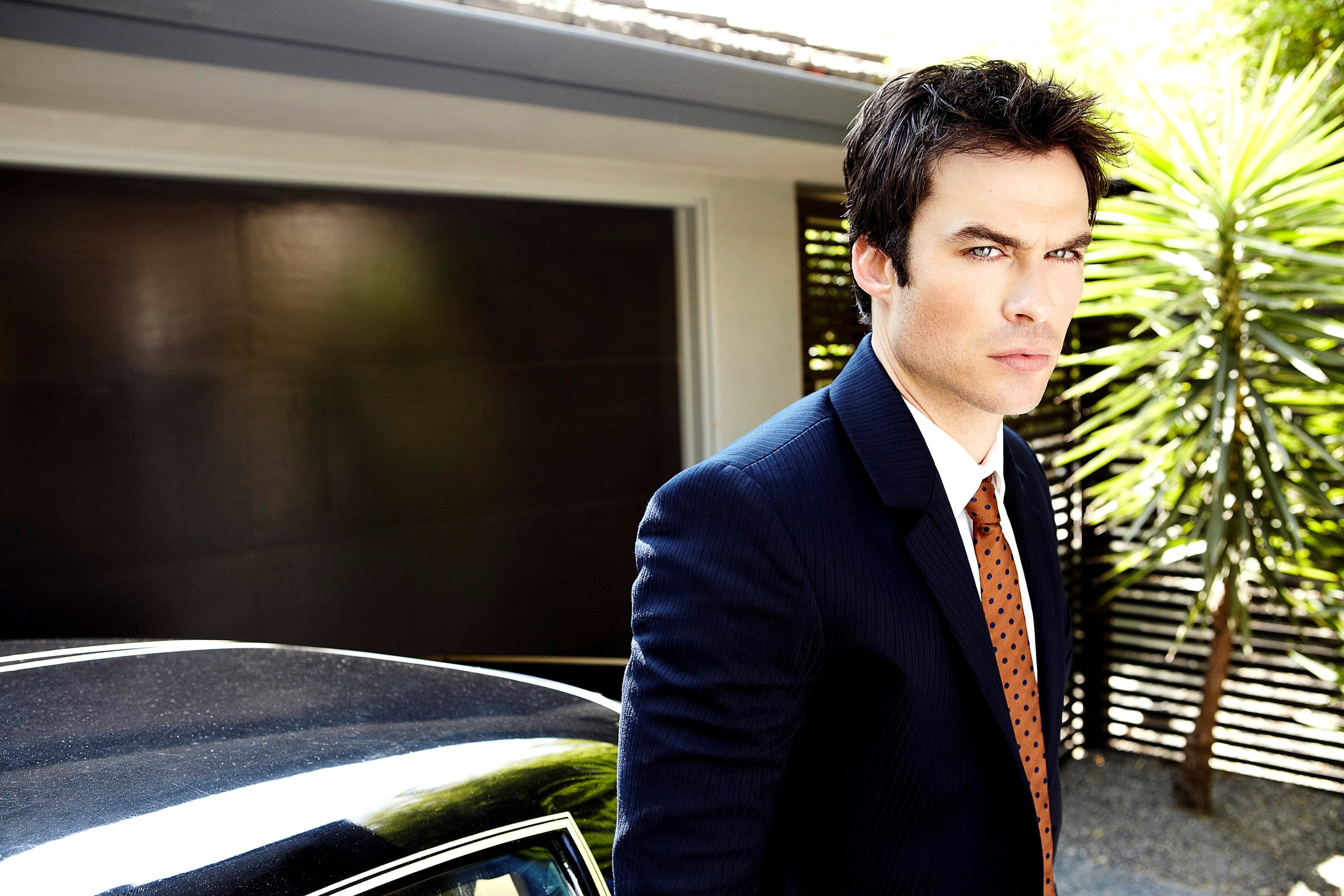 brunette, looking away, transportation, suit, contemplation, focus on foreground, Ian Somerhalder, males, formalwear, young adult, machine, actor, male, HD Wallpaper