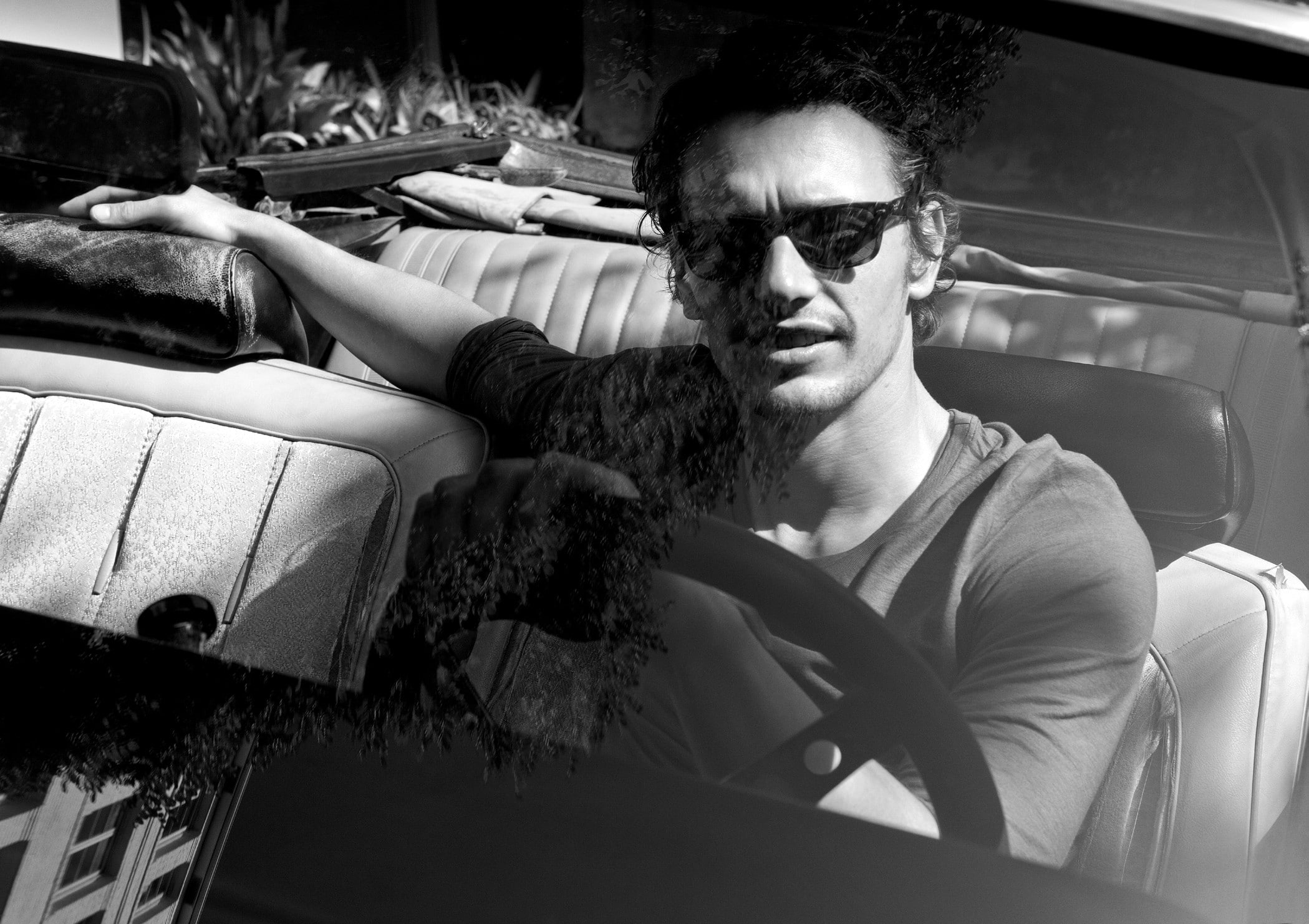 covertible, male, hairstyle, james franco, mode of transportation, fashion, outdoors, one person, young adult, vehicle interior, sitting, car, sunglasses, HD Wallpaper