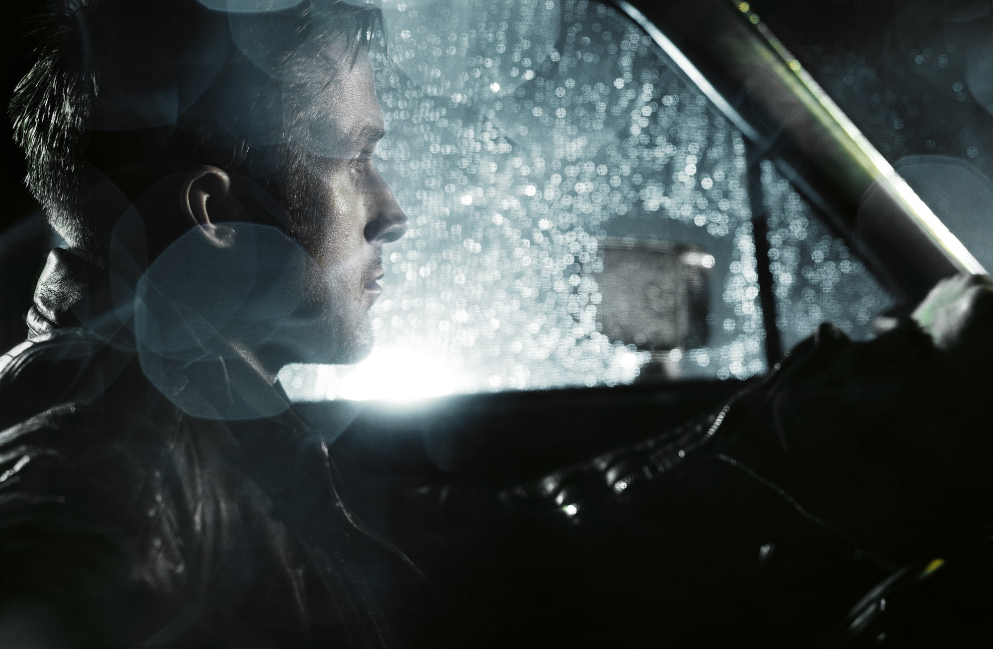 actor, rain, male, 1080P, machine, Ryan Gosling, bokeh, HD Wallpaper