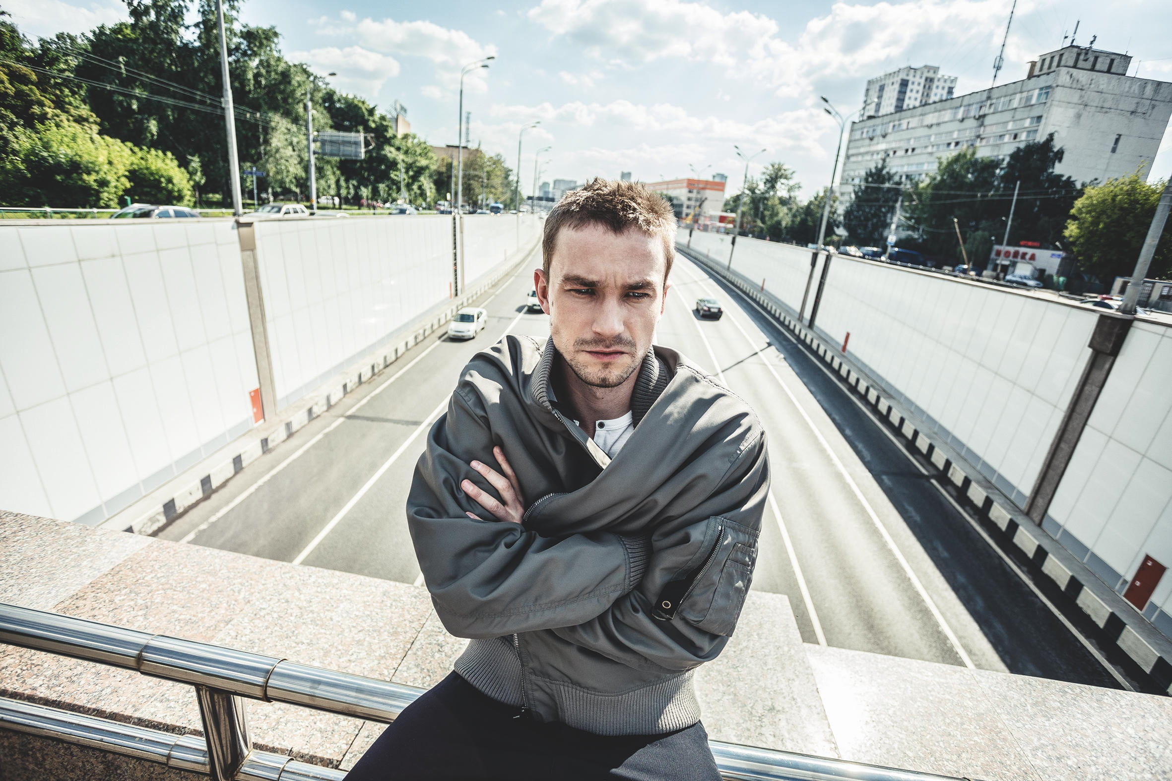actor, street, pose, bridge, Alexander Petrov, road, machine, bristles, look, 1080P, HD Wallpaper