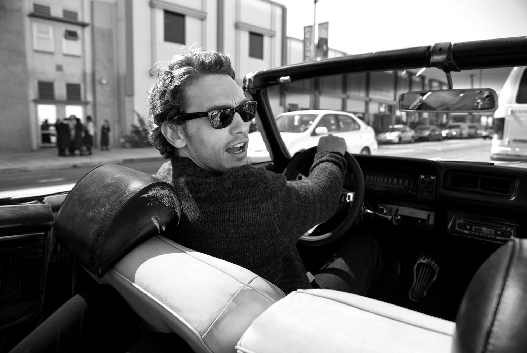 sweatshirt, transportation, mode of transportation, real people, machine, young adult, sitting, James Franco, s, portrait, outdoors, glasses, one person, HD Wallpaper