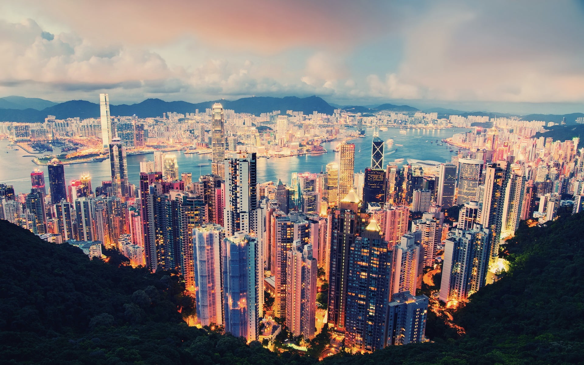 built structure, building, city, cityscape, sky, cloud - sky, office building exterior, modern, crowded, mountain, residential district, clouds, nature, HD Wallpaper
