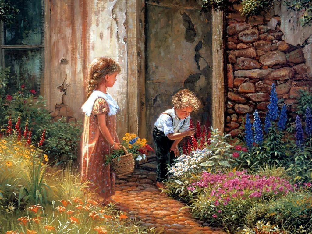 480P, flowers, girl, hd, abstract, basket, boy, art, painting, look, HD Wallpaper
