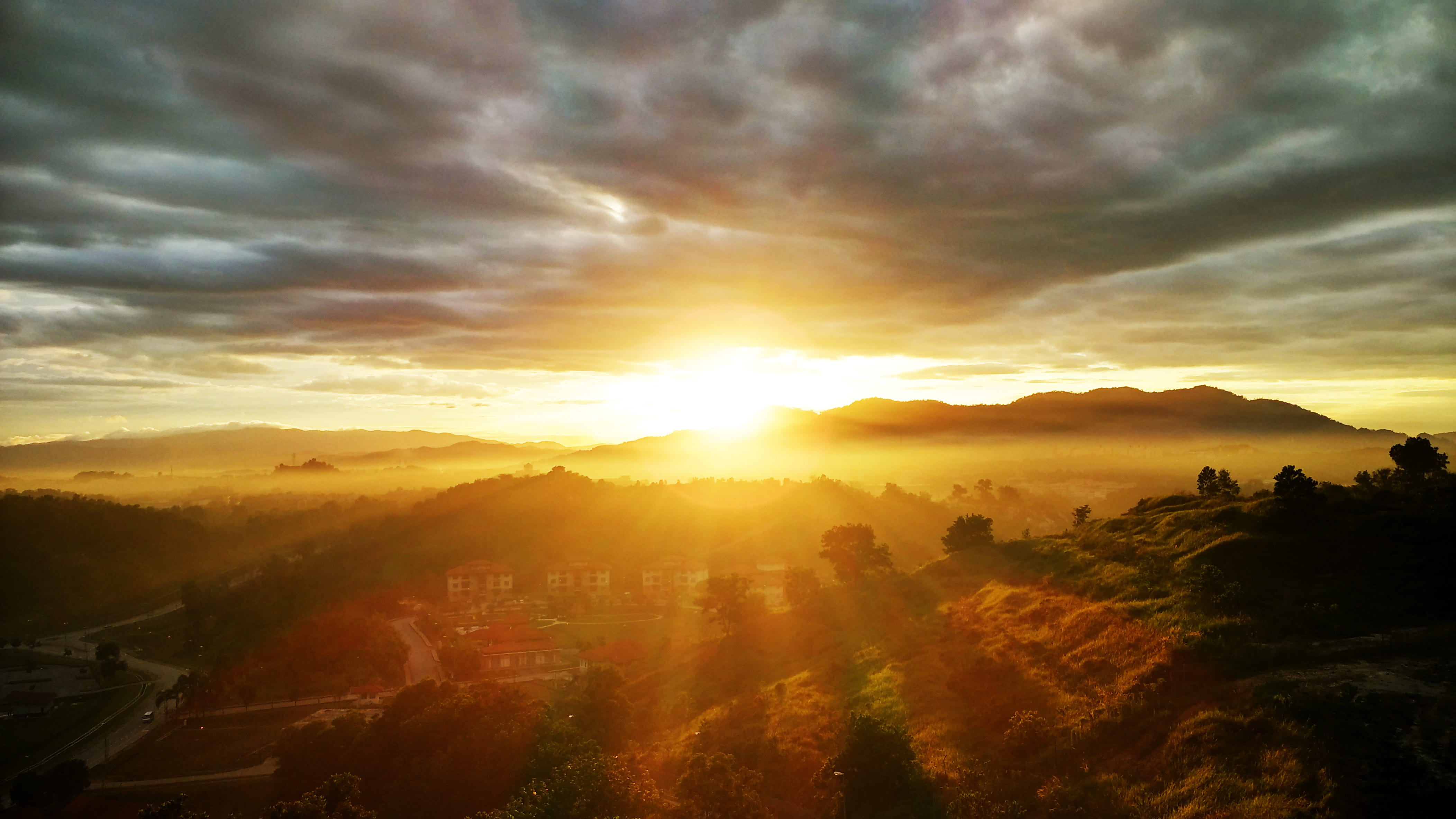 cloud - sky, silhouette, morning, cloudy sky, tranquil scene, sunset, something, sky, environment, photo, hill, tranquility, sunbeam, 4K, nature, valley, HD Wallpaper