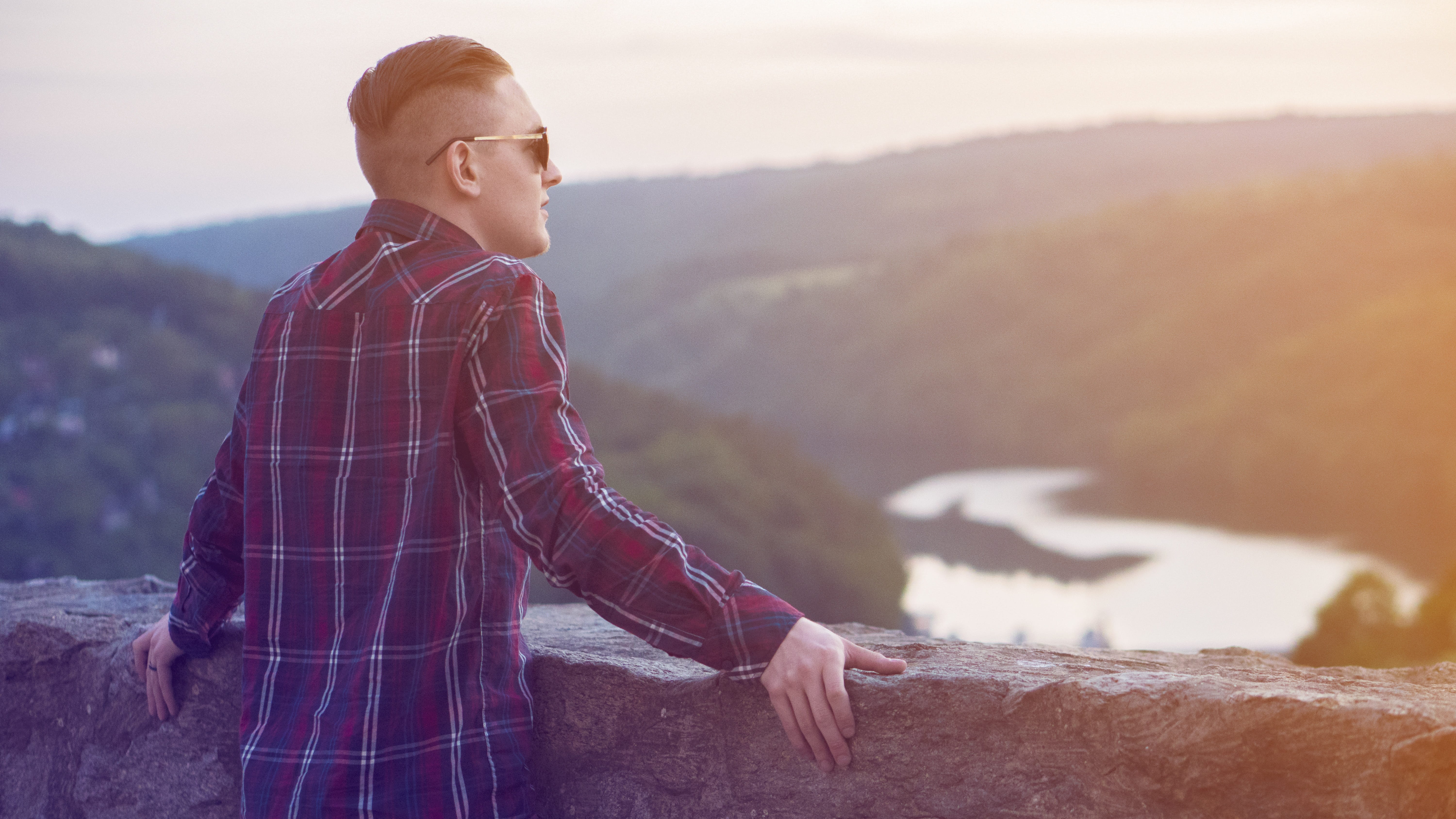 man, standing, checked pattern, 5K, one person, mountain, outdoors, young adult, leisure activity, something, nature, one more thing, waist up, looking at view, HD Wallpaper