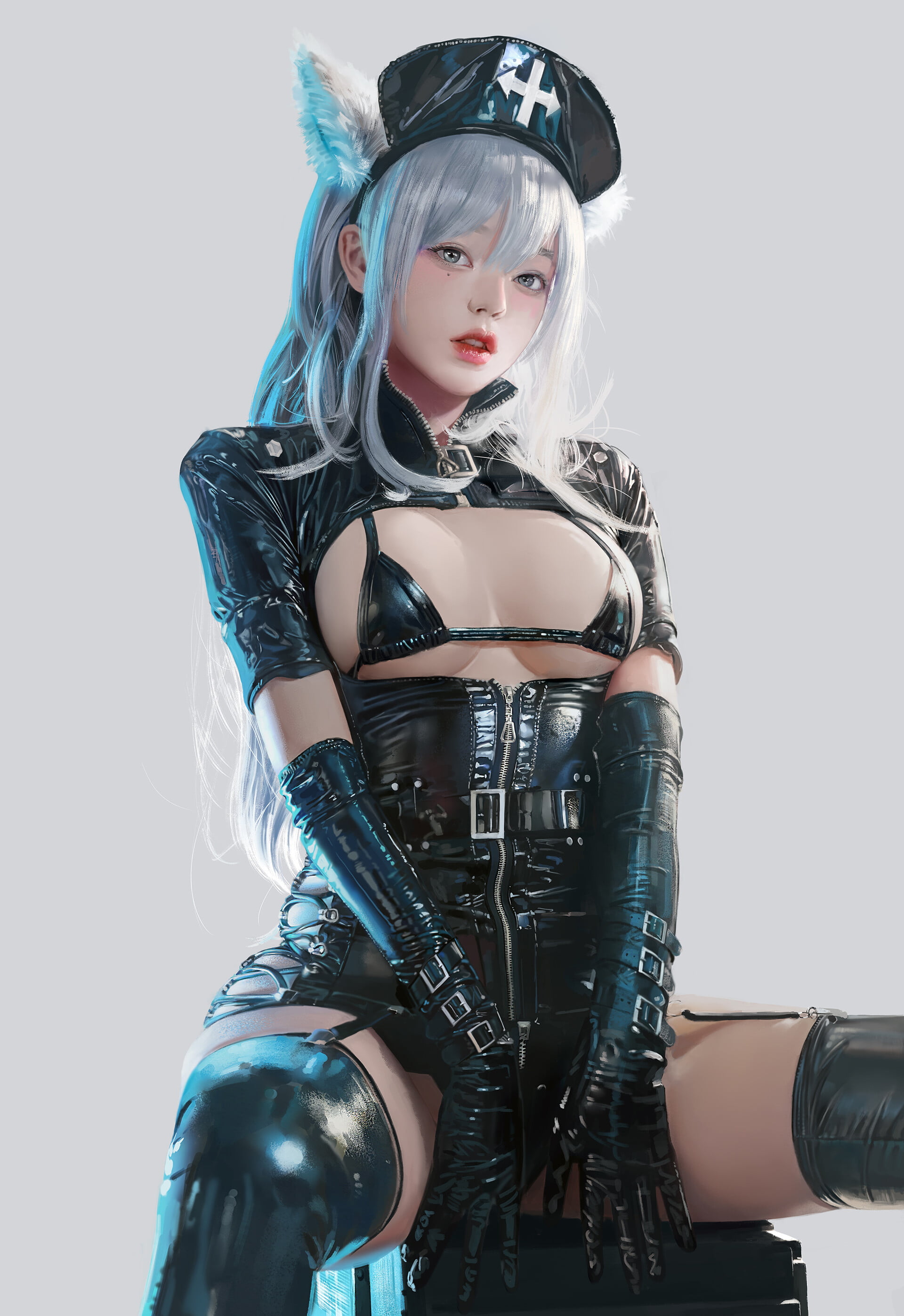 gloves, bikini top, 2K, sitting, leather clothing, white hair, J. Won Han, Phone HD Wallpaper