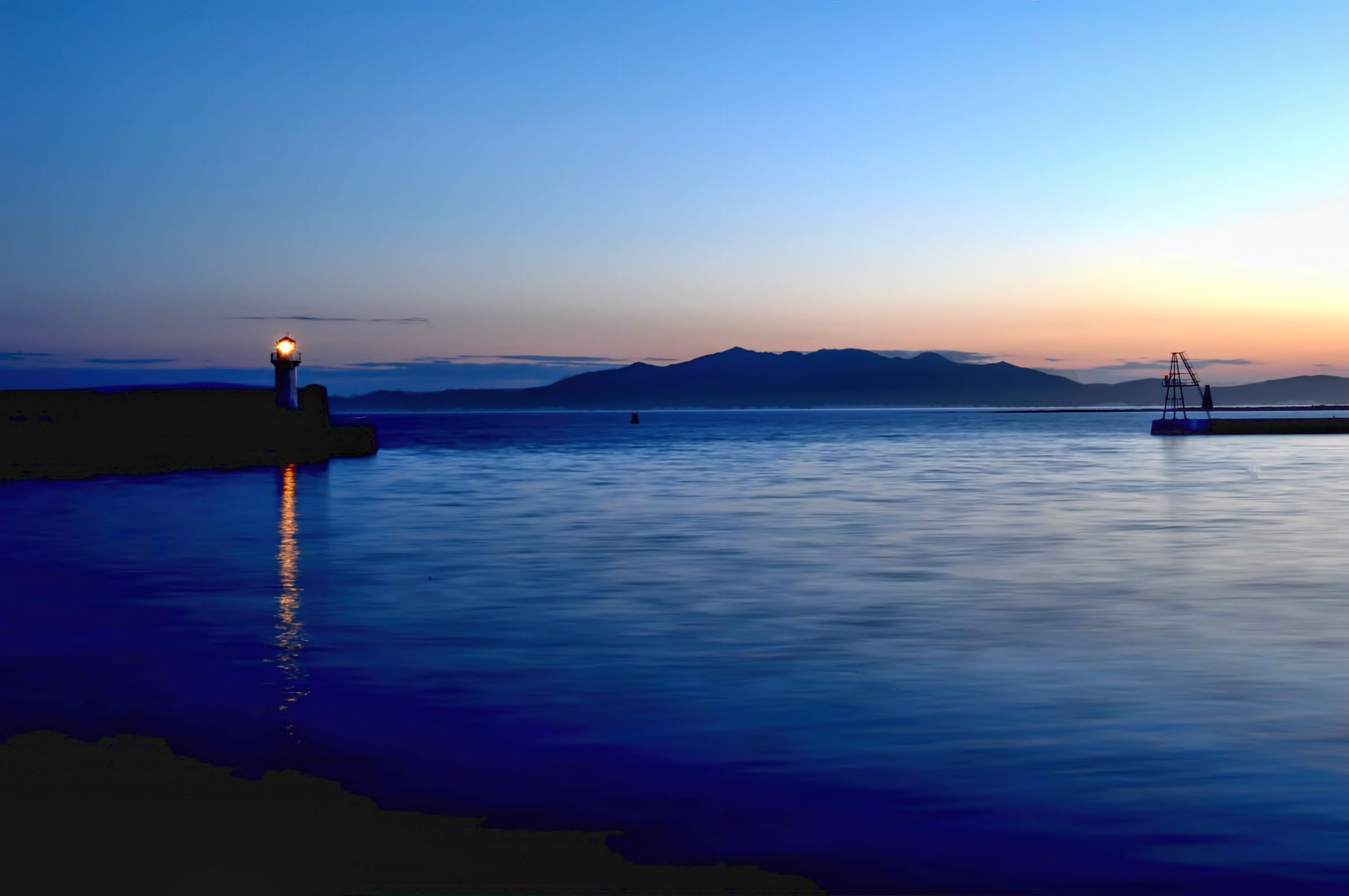 daw, sea, Evening, 2K, ocean view, Lighthouse, nautical Vessel, view, coastline, ardrossan, sky, ocean, Ardrossan  Harbour, nature, water, landscape, Sunset, HD Wallpaper