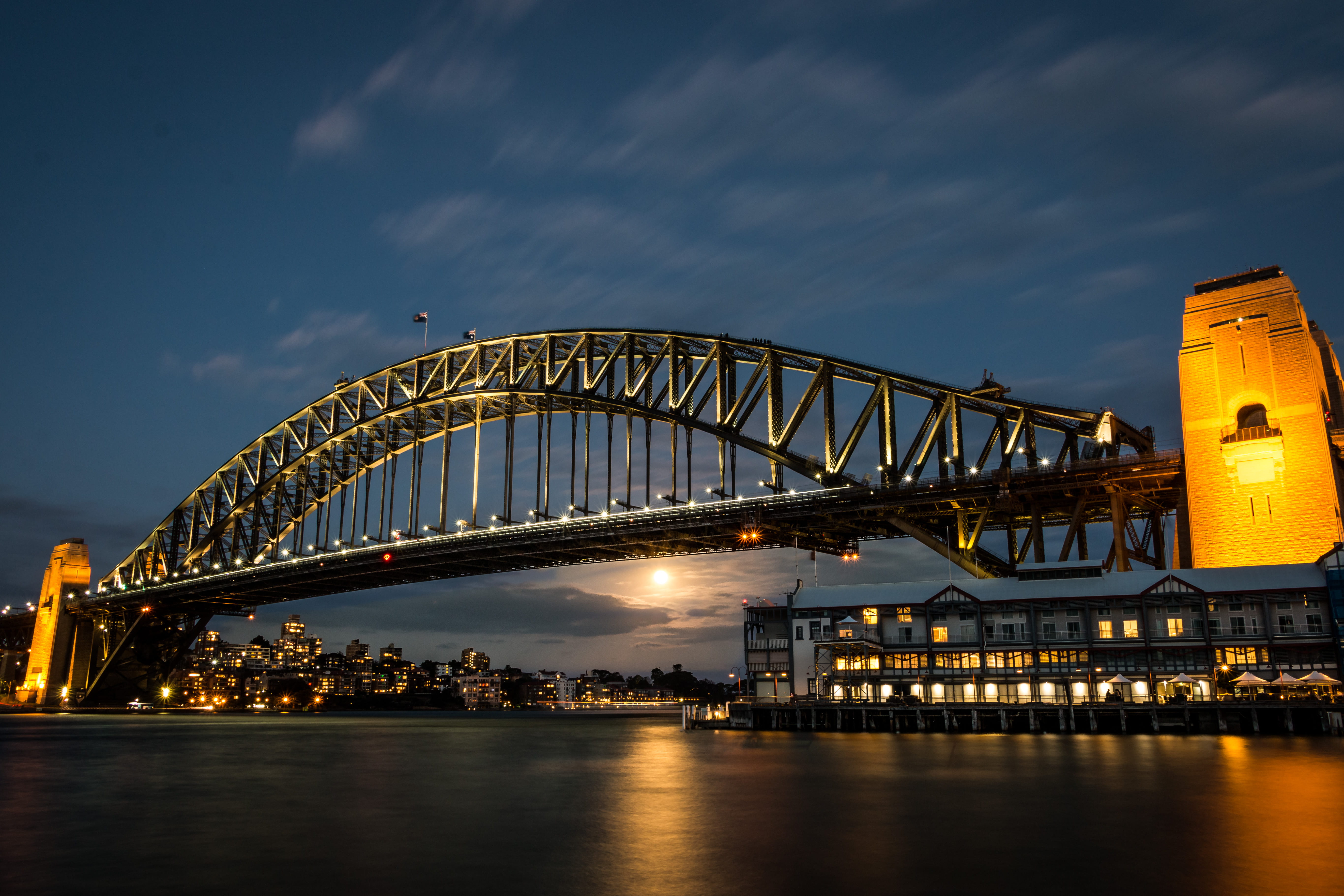 cloud - sky, building exterior, sydney, night, brown, architecture, water, transportation, moon rise, bridge, building, city, harbour bridge, tourism, australia, HD Wallpaper