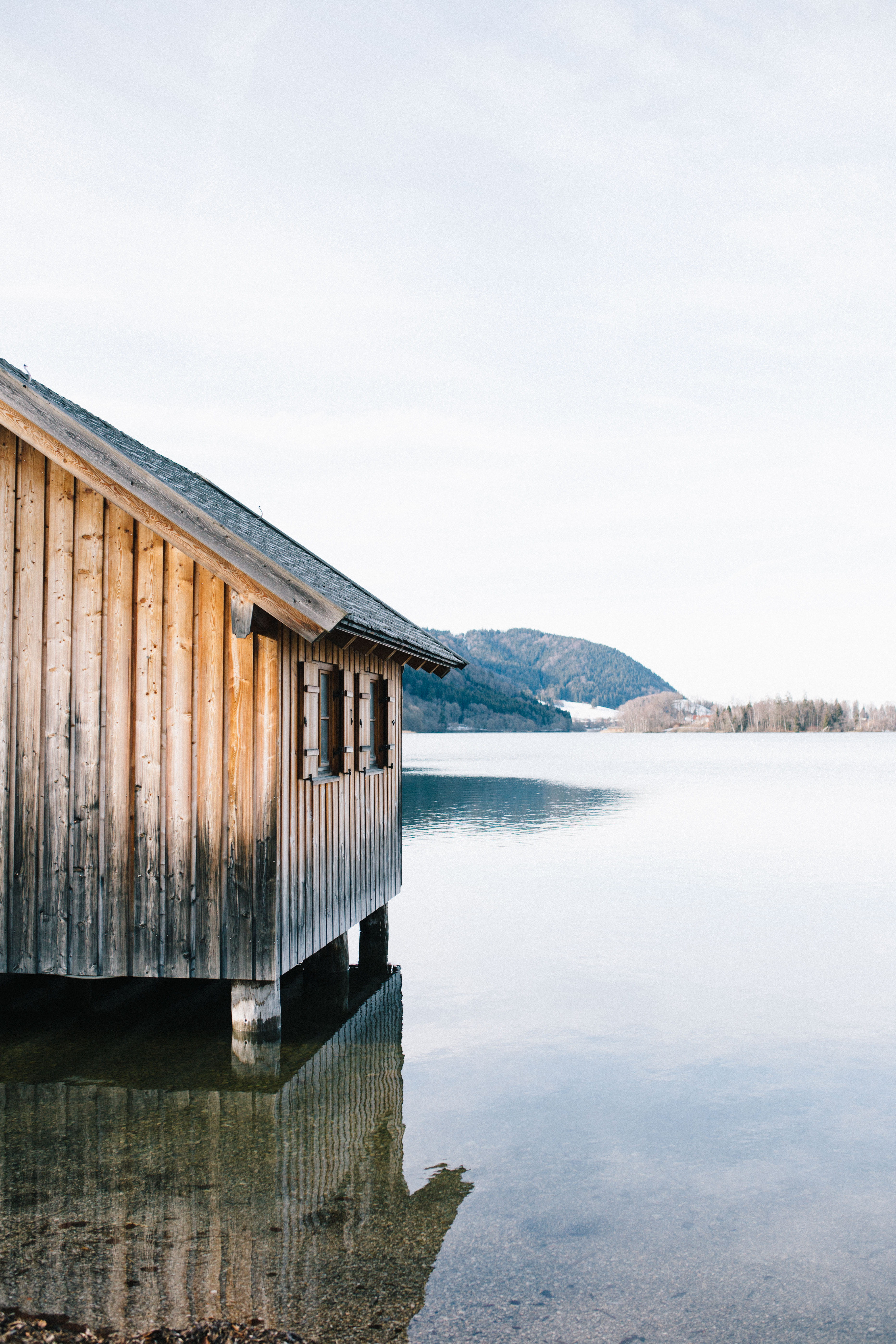 sky, tranquil scene, roof, brown, outdoors, built structure, body, scenics - nature, reflect, tranquility, landscape, wood - material, nature, wooden, slant, Phone HD Wallpaper