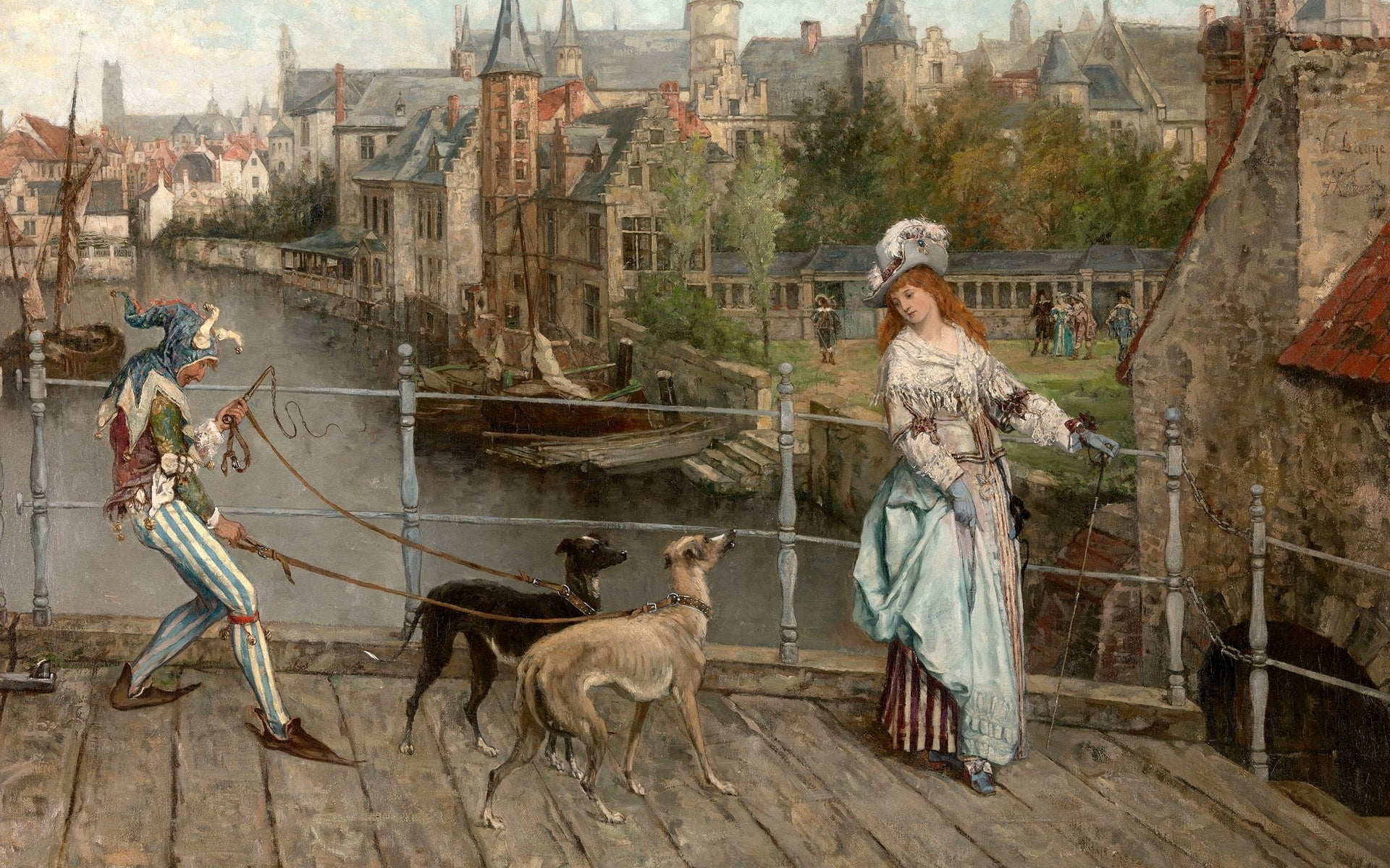 women, painting, jester, dog, city, classic art, Victor Lagier, 1080P, artwork, HD Wallpaper