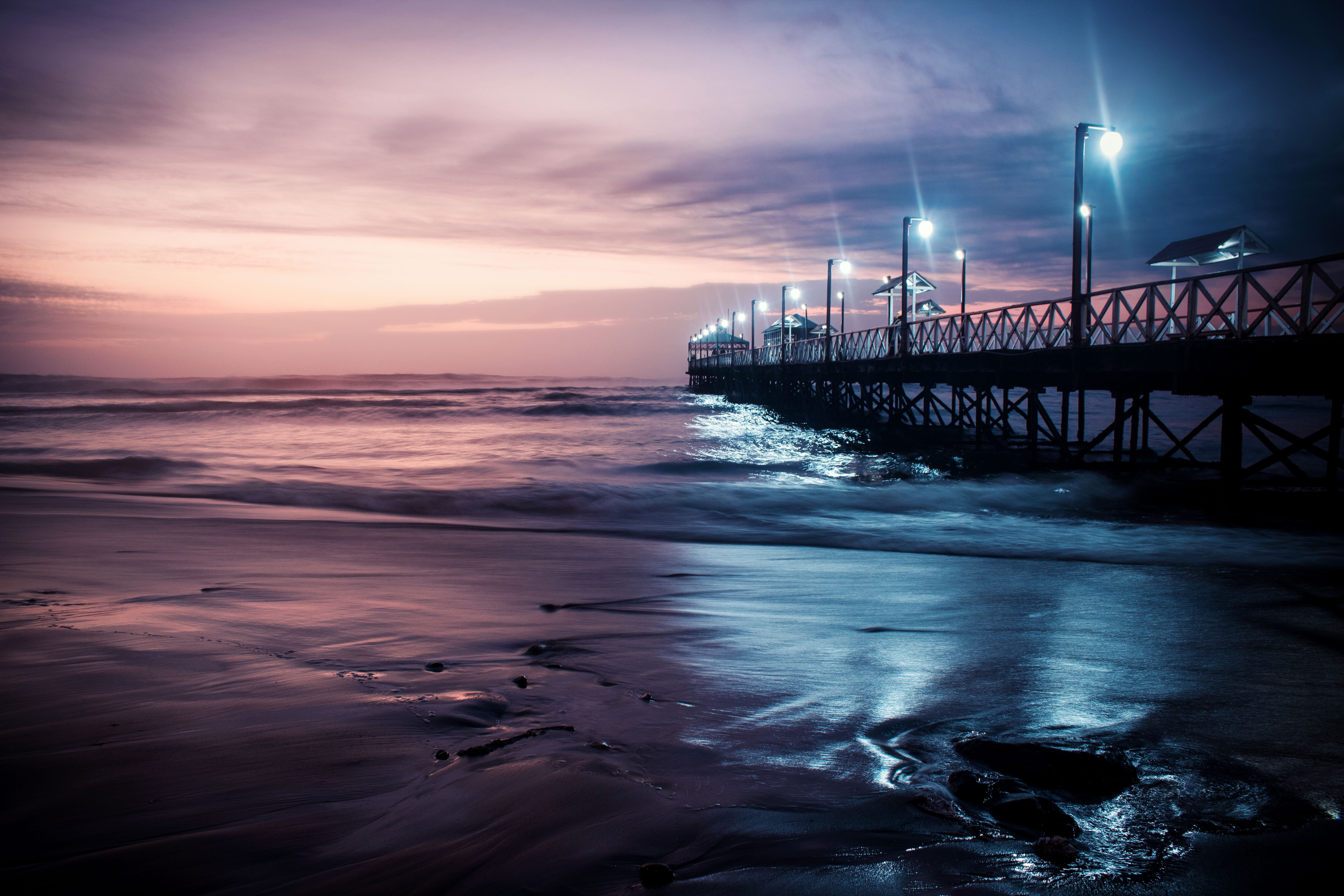 travel, waters Edge, illuminated, architecture, long exposure, bridge - Man Made Structure, tranquil Scene, 5K, sky, beach, brown, silhouette, sunrise - Dawn, HD Wallpaper