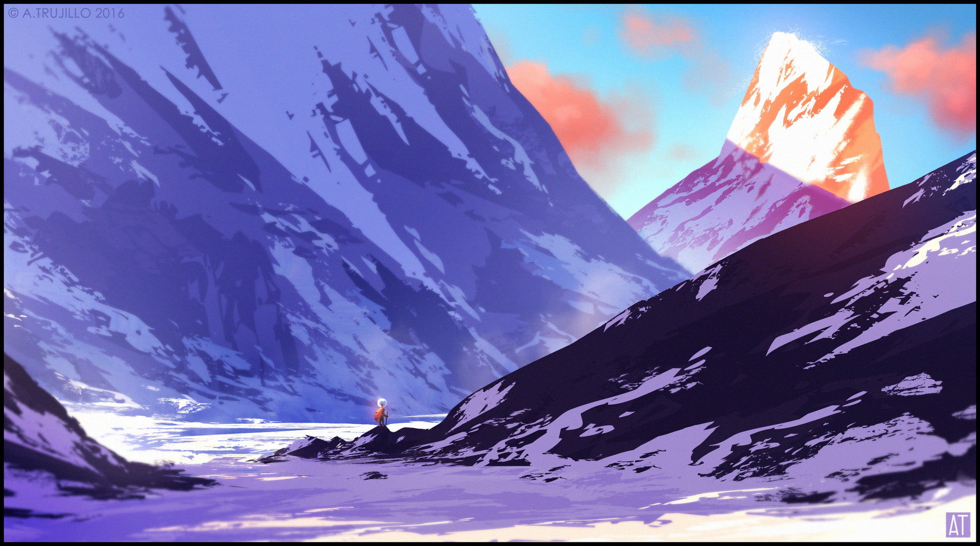 mountains, landscape, valley, 1080P, clouds, snowy peak, sunset, snow, climbing, digital art, nature, Tony Trujillo, winter, HD Wallpaper