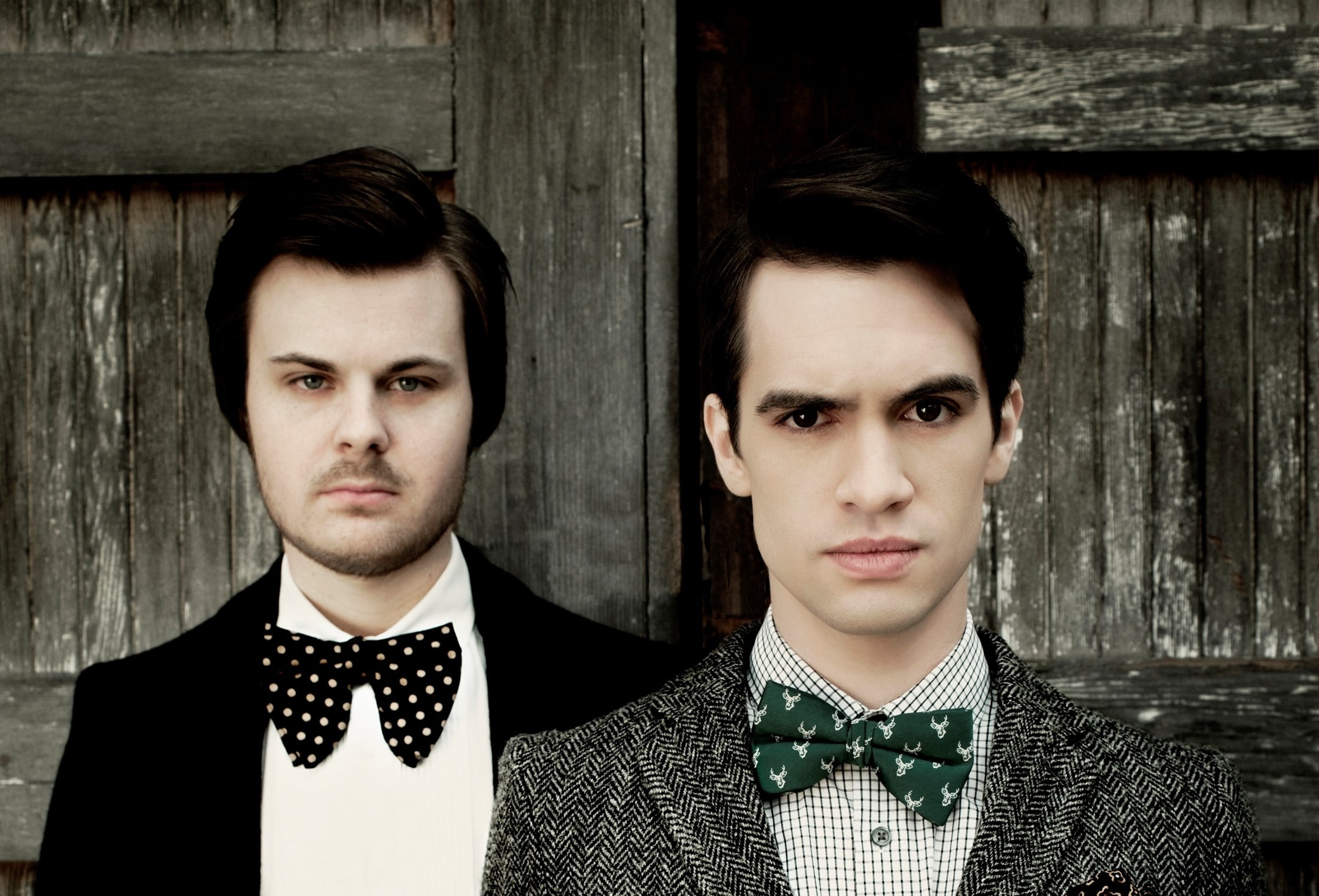 looking at camera, men, headshot, two people, 1080P, young men, retro styled, wood - material, adult, bow tie, portrait, formalwear, close-up, Spencer smith, HD Wallpaper