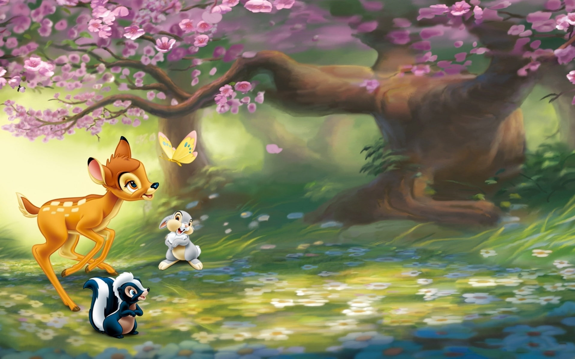 Bambi, 1080P, Cherry Tree, Tree, Rabbit, Animal, Disney, Fawn, Butterfly, Movie, Flower, Skunk, HD Wallpaper