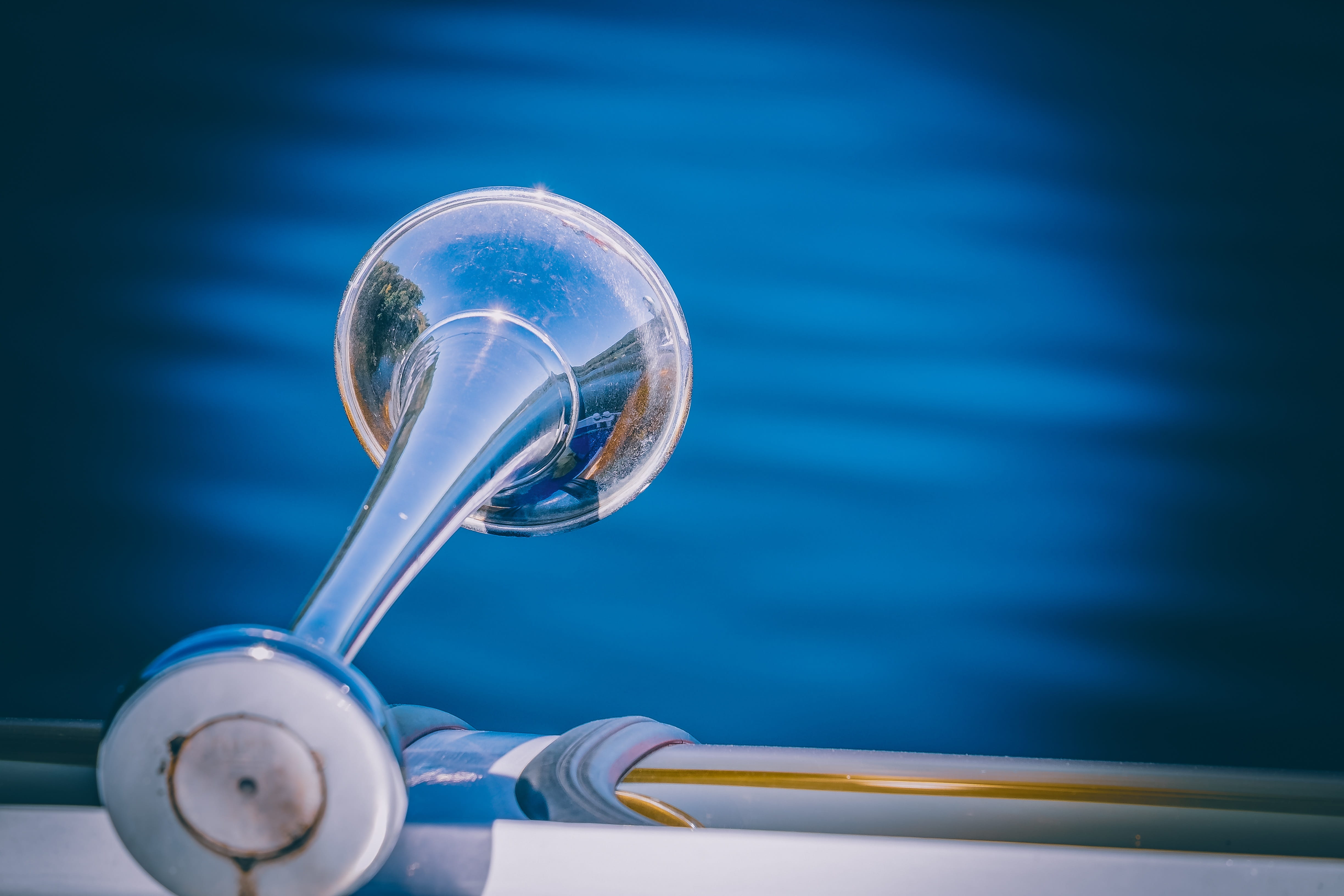 boat horn, bubble, day, boat fanfare, focus on foreground, blue, nature, close-up, motion, reflection, silver colored, single object, no people, shipping, HD Wallpaper