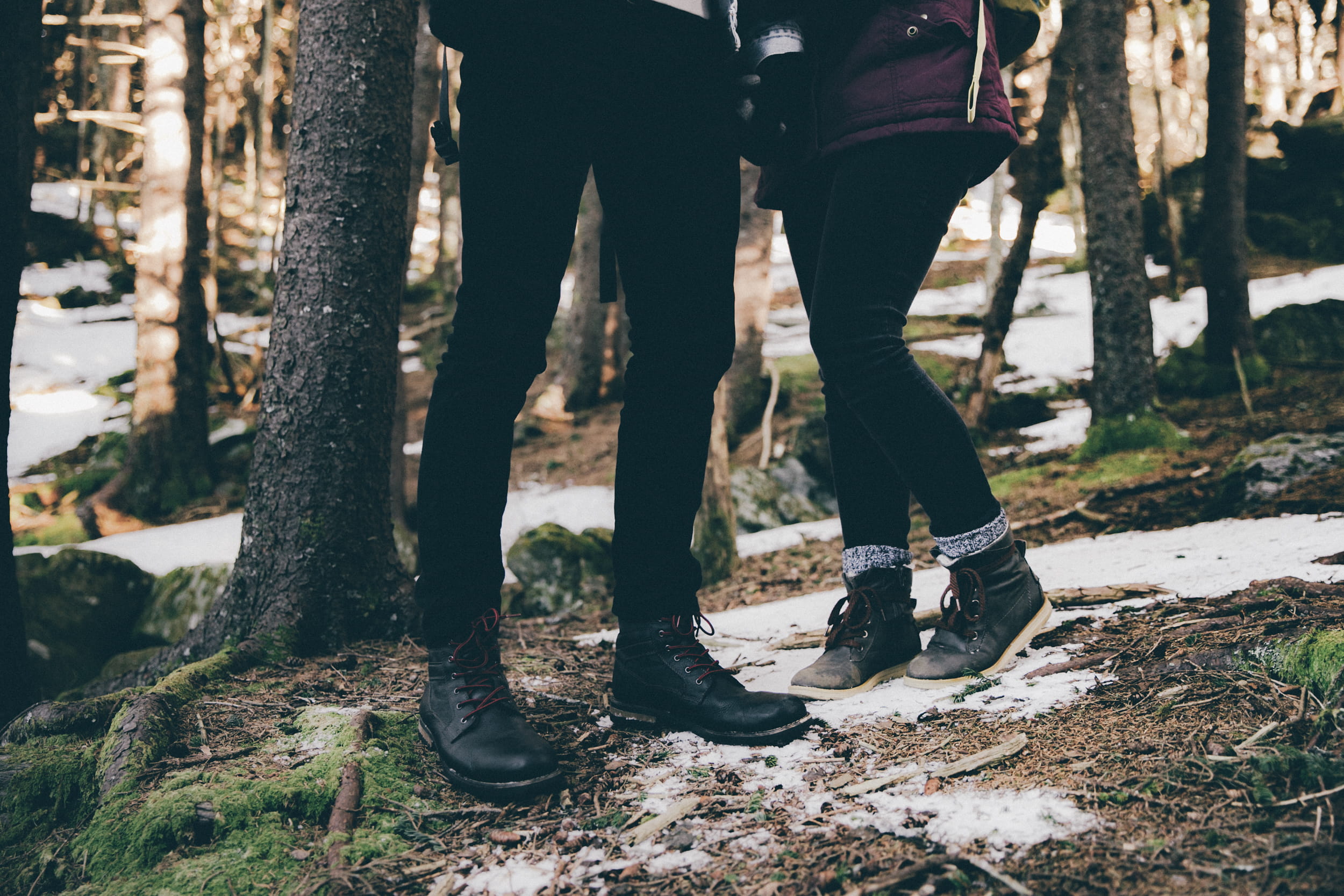 human leg, couple, standing, walking, tree trunk, nature, woman, sunlight, pants, human foot, day, body part, footwear, people, leisure activity, adults only, HD Wallpaper