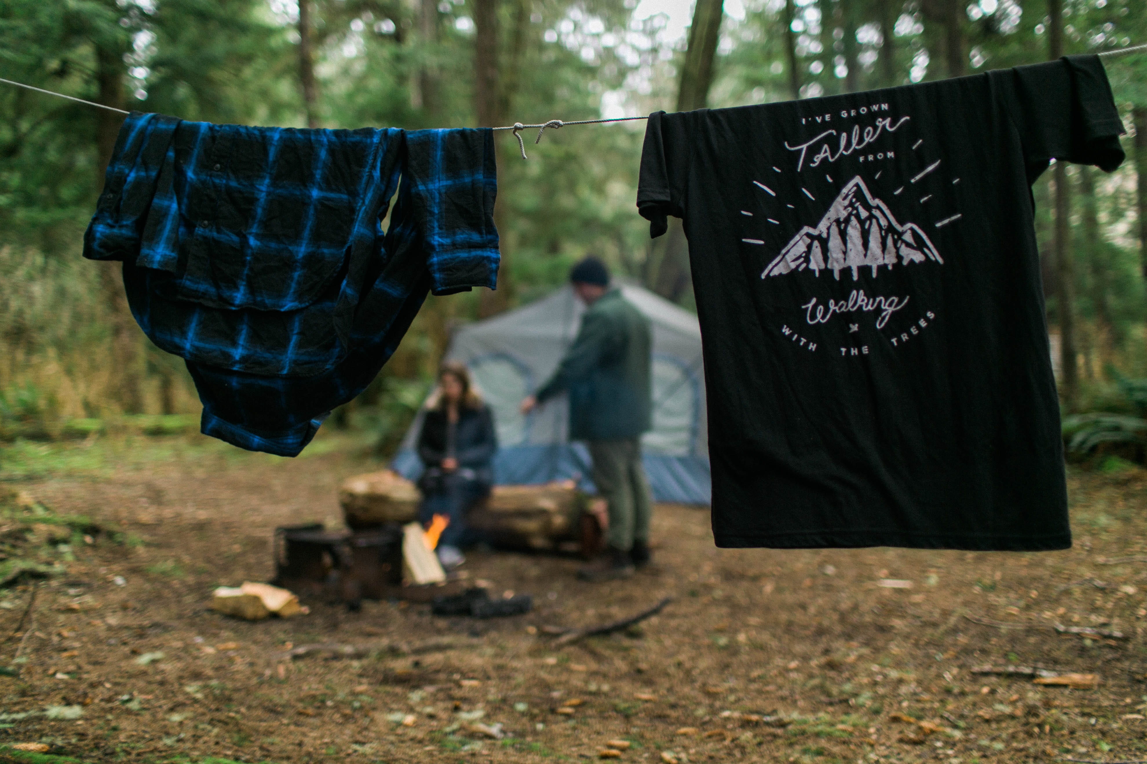 day, tent, two people, nature, tree, trees, near, focus on foreground, shirt, 4K, incidental people, hanging, shirts, laundry, casual clothing, camping, HD Wallpaper