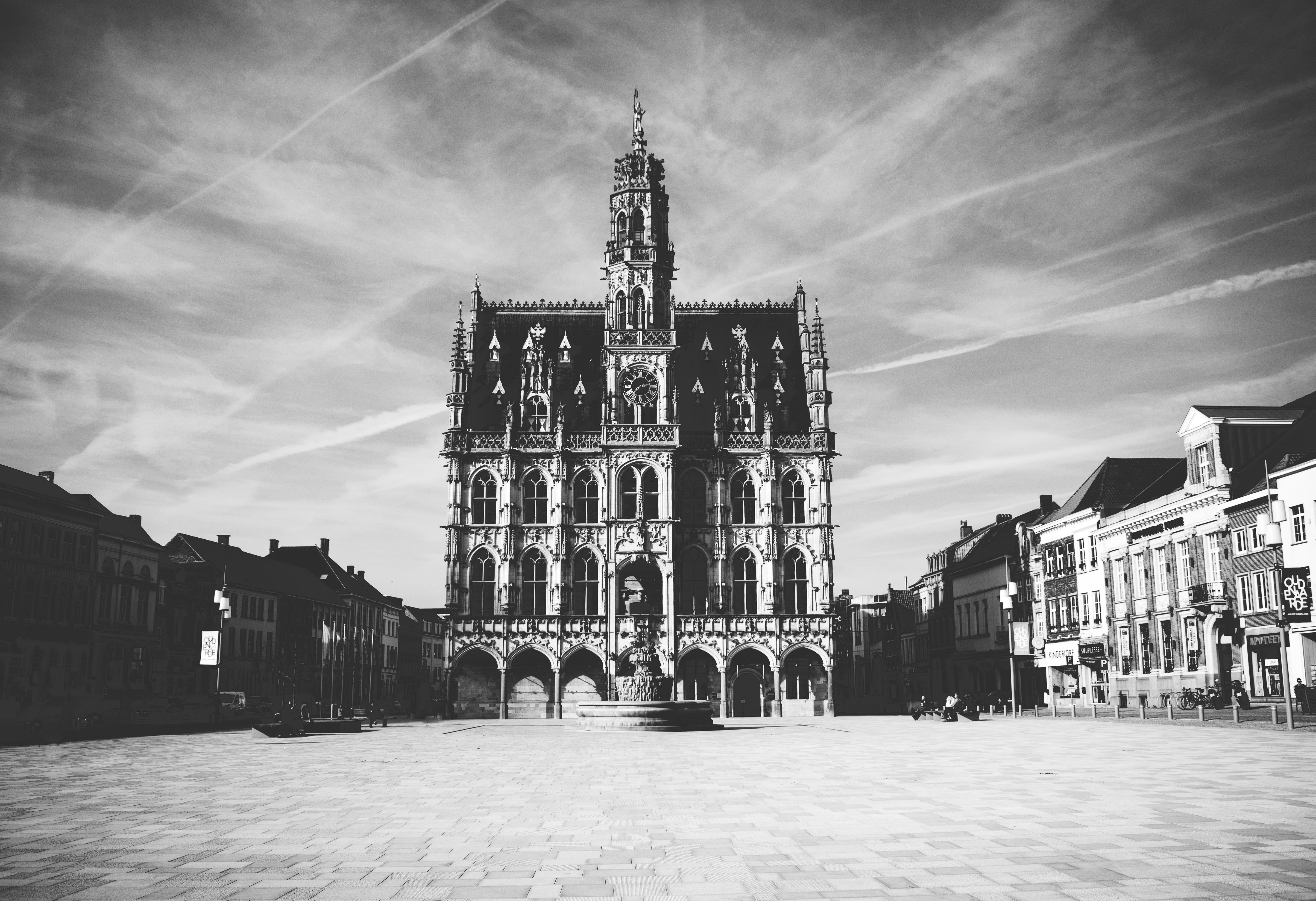 architecture, building, urban, 5K, person, street, belief, incidental people, town, black and white, downtown, gothic style, spire, tourism, plaza, belgium, HD Wallpaper