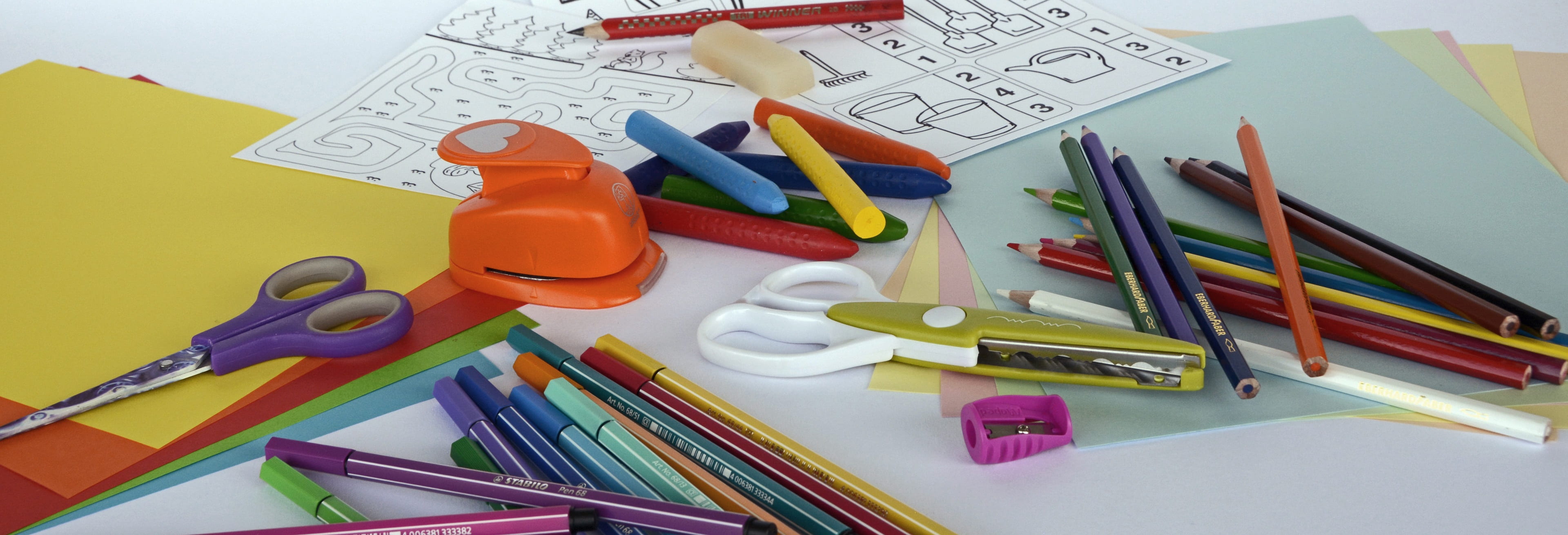 colorful paper, papers, nursery school, crayons, felt tip pens, kindergarten, craft, ruler, tinker, high angle view, header, school supplies, variation, HD Wallpaper