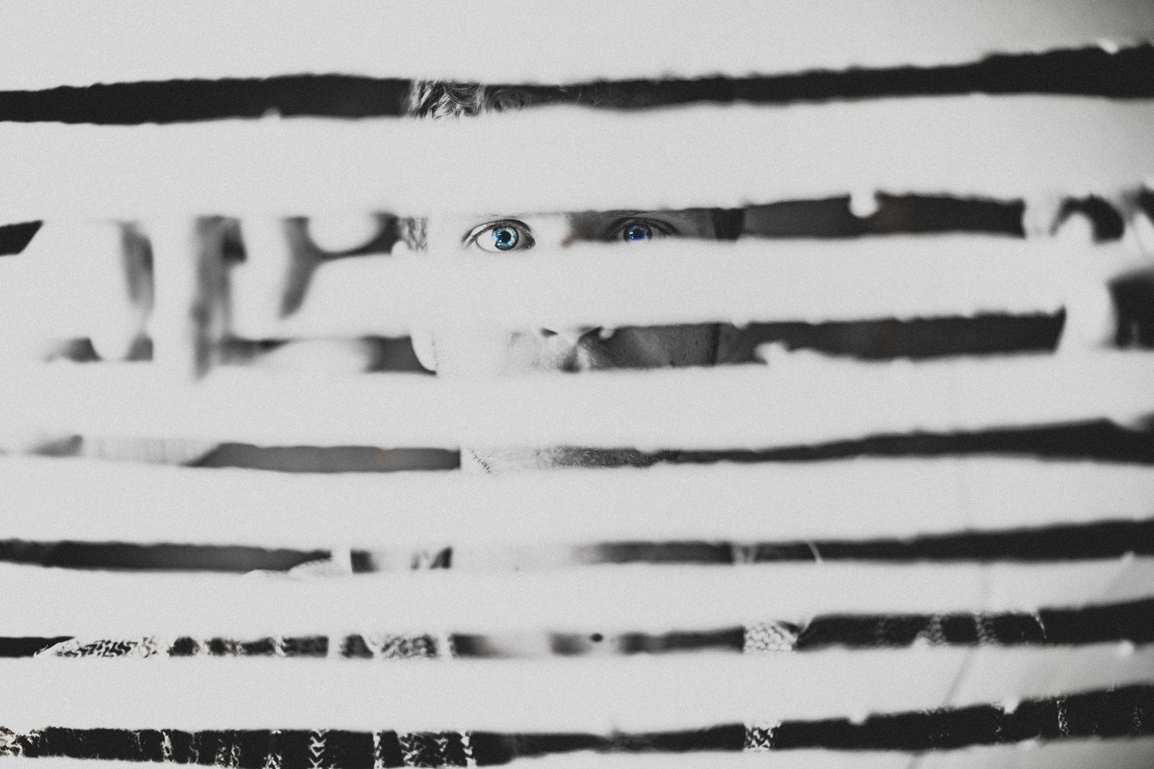 focus on foreground, pattern, gobo, gbo, blinds, western script, wall - building feature, close-up, communication, day, body part, striped, blue, 4K, selective focus, HD Wallpaper
