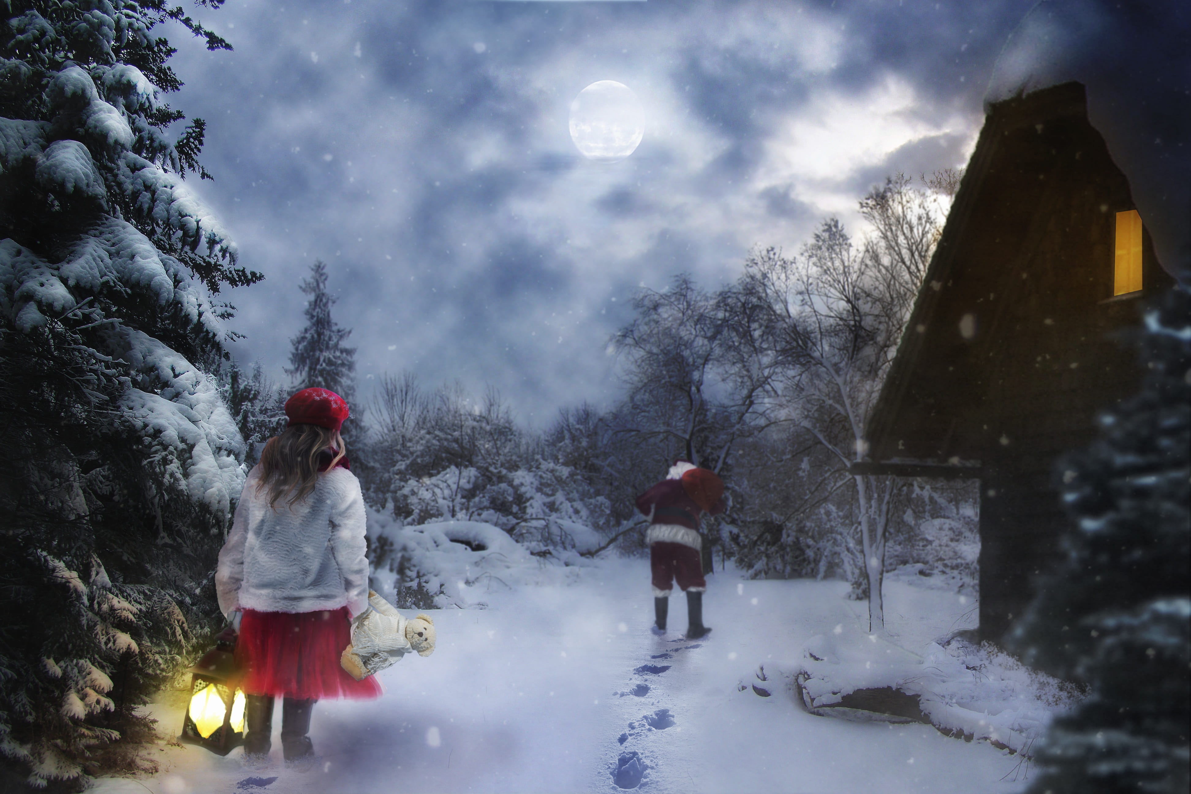 sorrow, positive emotion, 4K, leisure activity, childhood, forest, women, cold temperature, christmas, girl, holiday, child, tree, sadness, nature, new years eve, HD Wallpaper