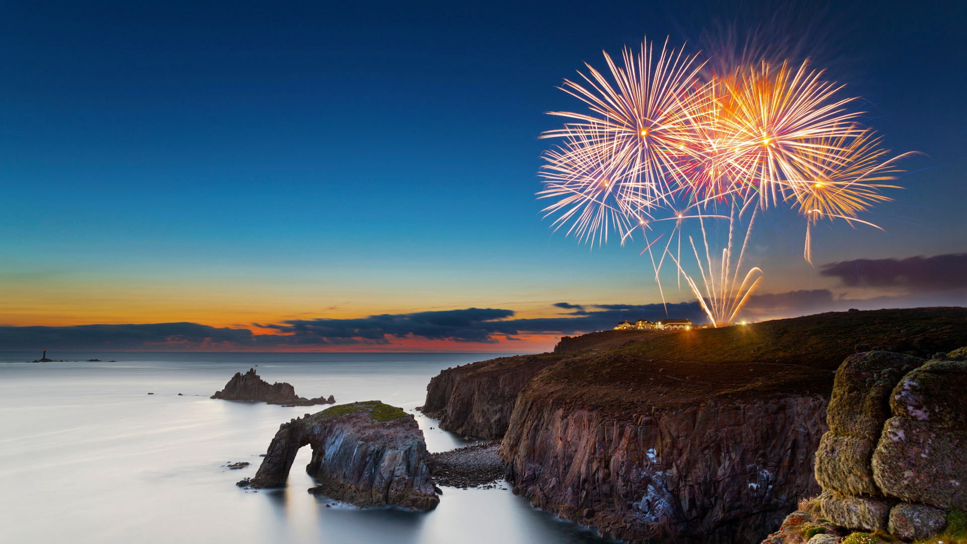 Land’s End, England, Cornwall, sea, 1080P, rocks, salute, fireworks, holiday, HD Wallpaper