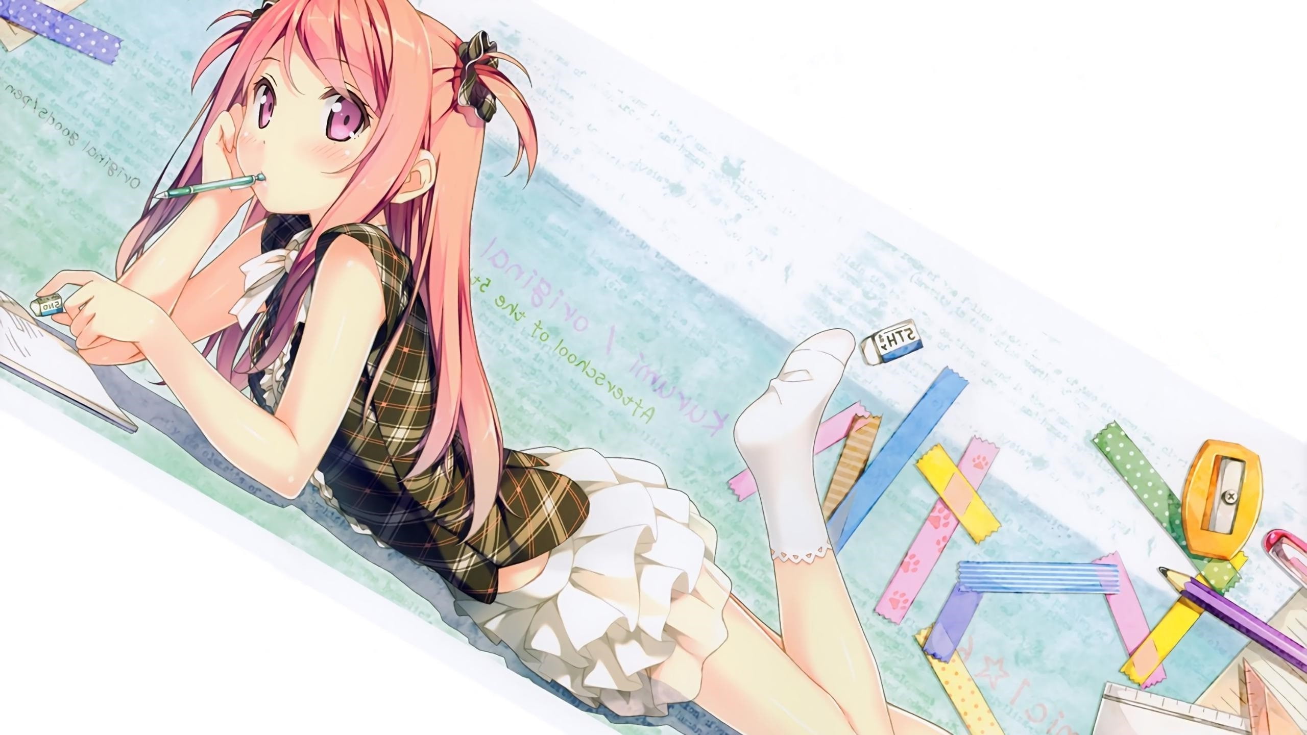 bed, socks, Kantoku, Pink Hair, anime, art and craft, shoe, representation, female likeness, publication, clothing, Pink Eyes, 2K, no people, close-up, HD Wallpaper
