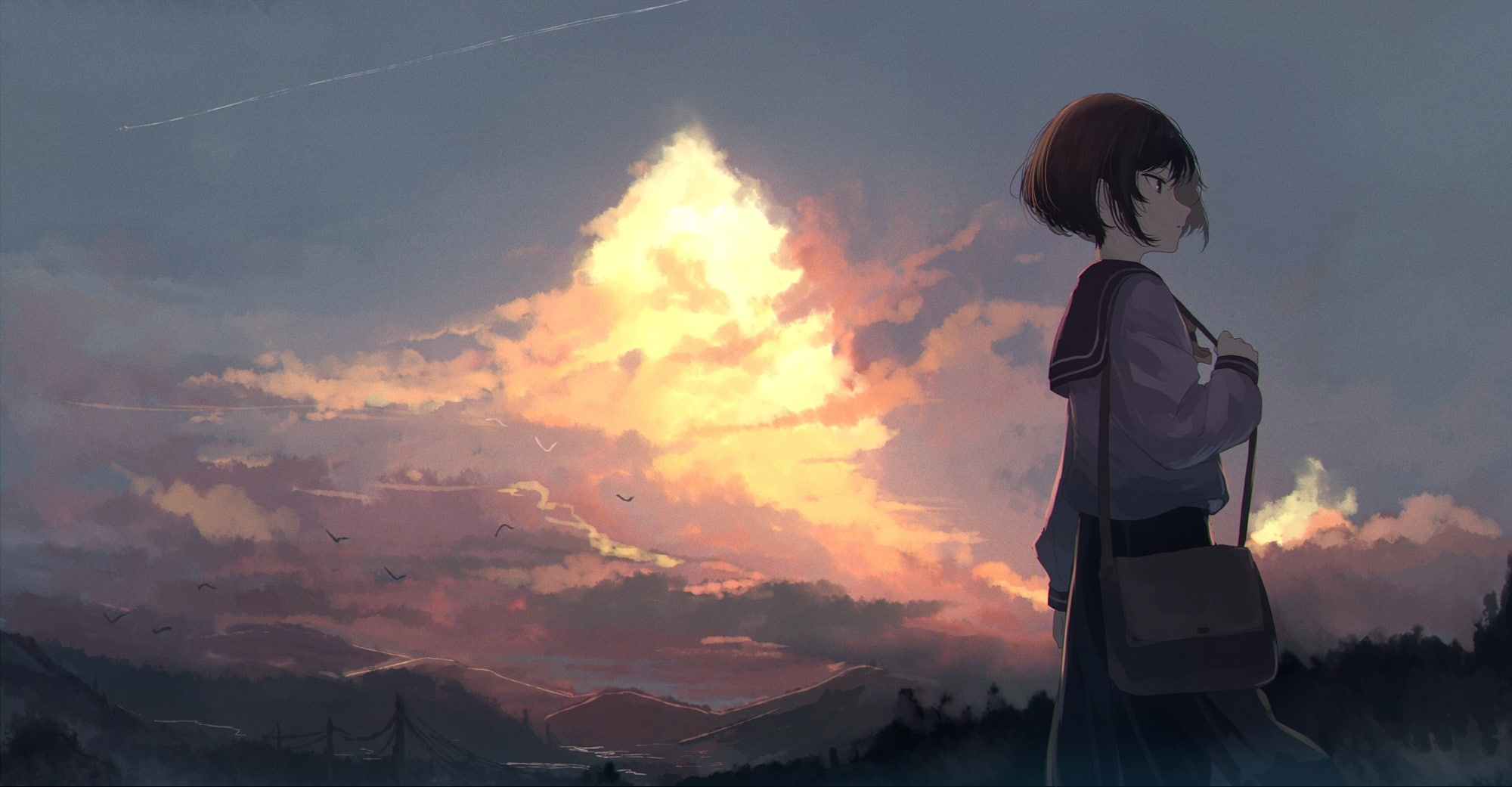 teenager, women, sky, lifestyles, short hair, beauty in nature, hairstyle, profile view, nature, one person, anime school girl, leisure activity, tranquility, HD Wallpaper