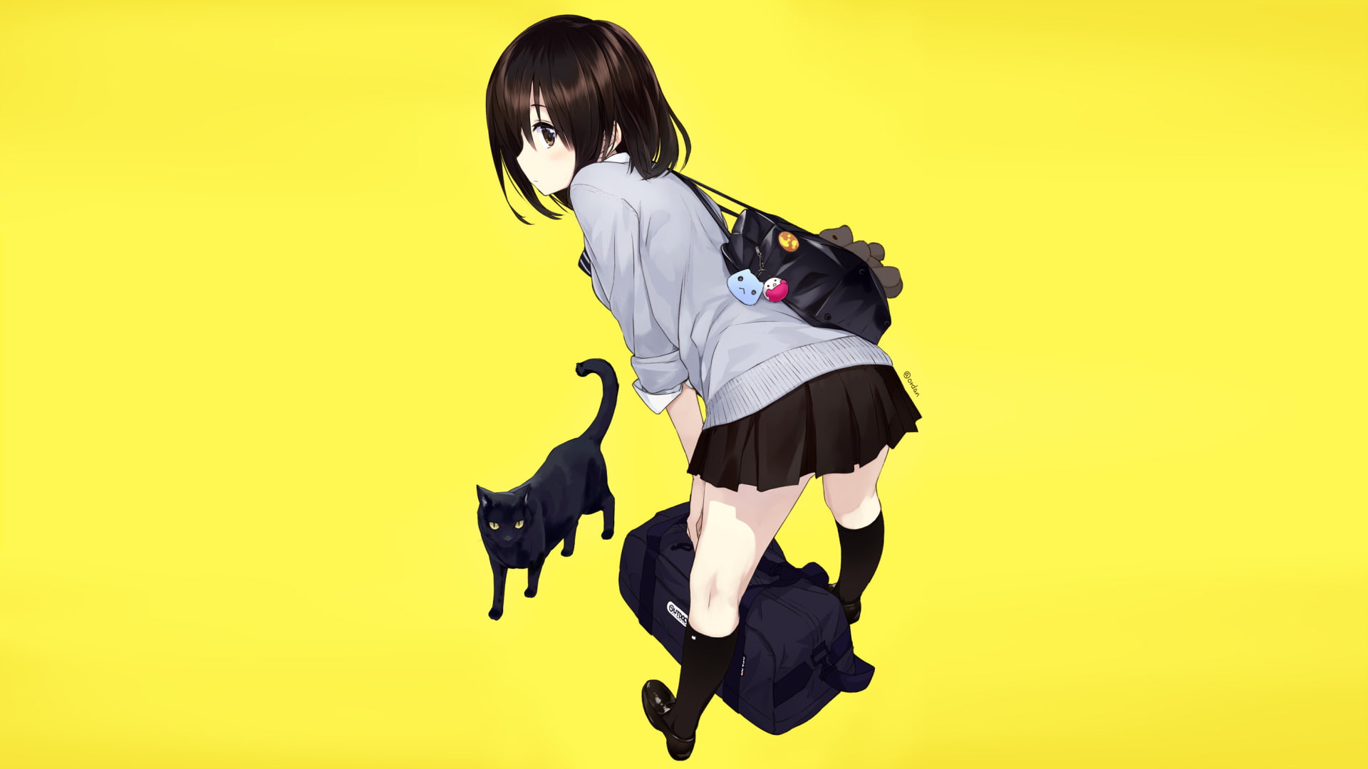 Blush, 1080P, Animal, Short Hair, Skirt, Original, Anime, Bag, School Uniform, Cat, Brown Eyes, Brown Hair, Girl, HD Wallpaper