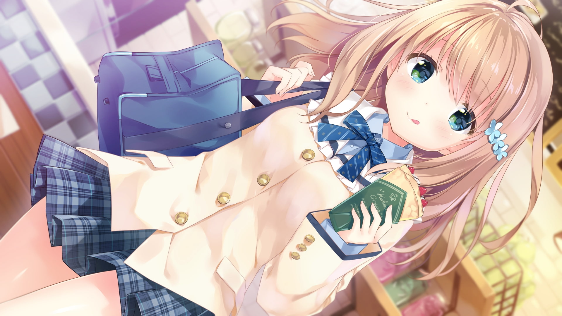 creativity, no people, retail, indoors, bag, waffle, blue, 1080P, day, representation, human representation, shopping, high angle view, hairpin, anime girl, HD Wallpaper