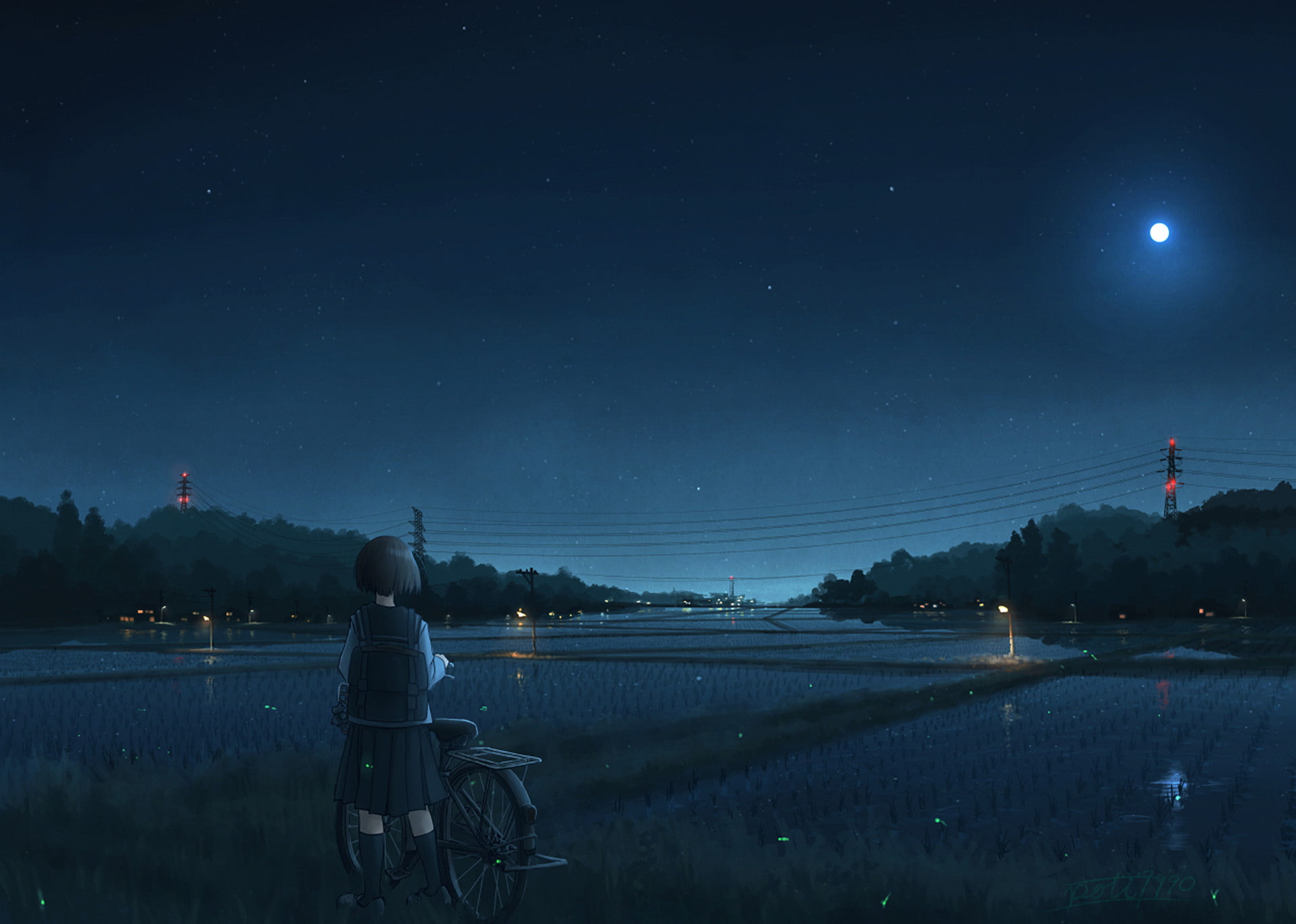 Bag, Bicycle, 720P, Original, Moon, Night, Field, Anime, Sky, Girl, School Uniform, HD Wallpaper
