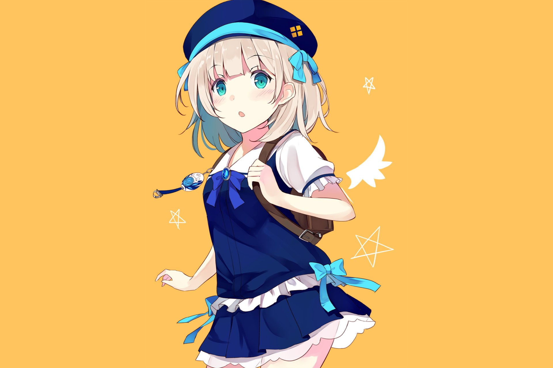 Bag, Hat, Blue Eyes, Blonde, Schoolgirl, 1080P, Girl, Anime, Original, School Uniform, Short Hair, bow (Clothing), HD Wallpaper