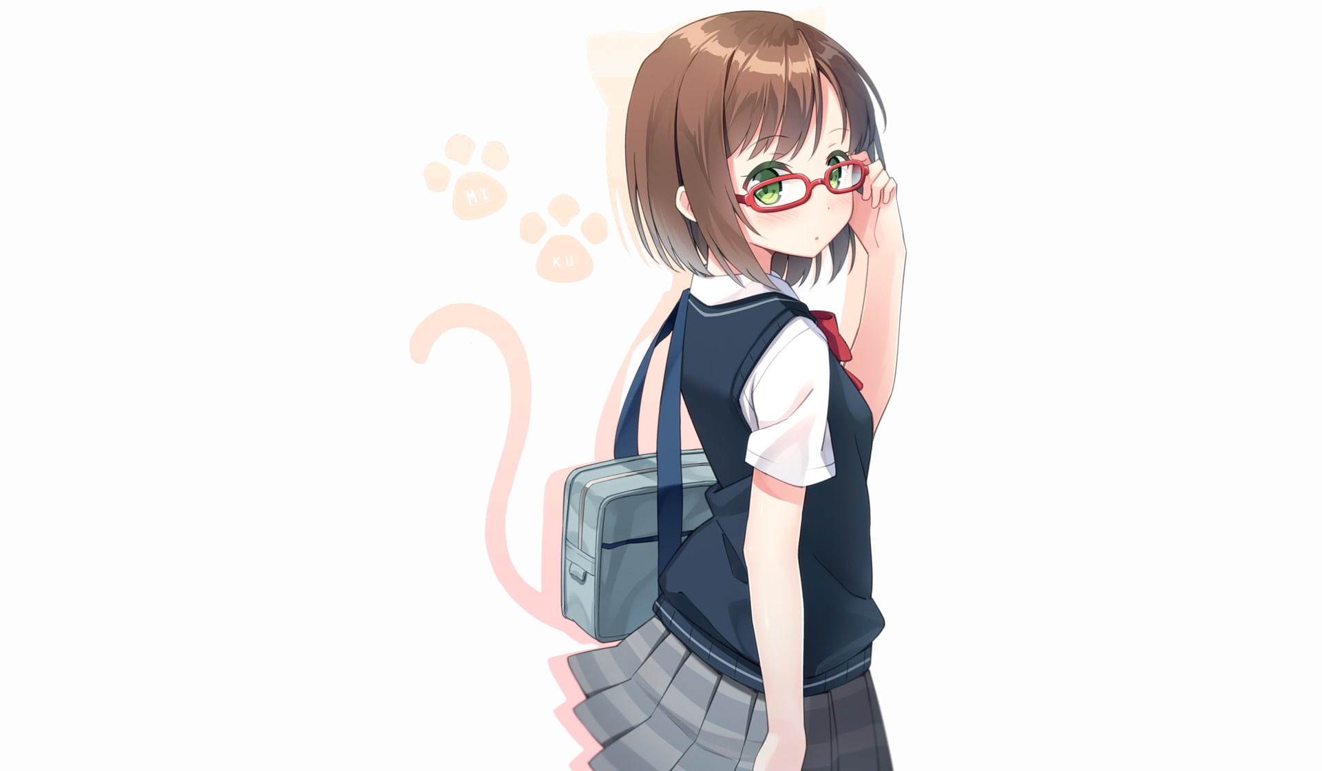1080P, Glasses, Miku Maekawa, The iDOLM@STER Cinderella Girls, Green Eyes, Girl, School Uniform, Anime, Short Hair, Brown Hair, Bag, HD Wallpaper