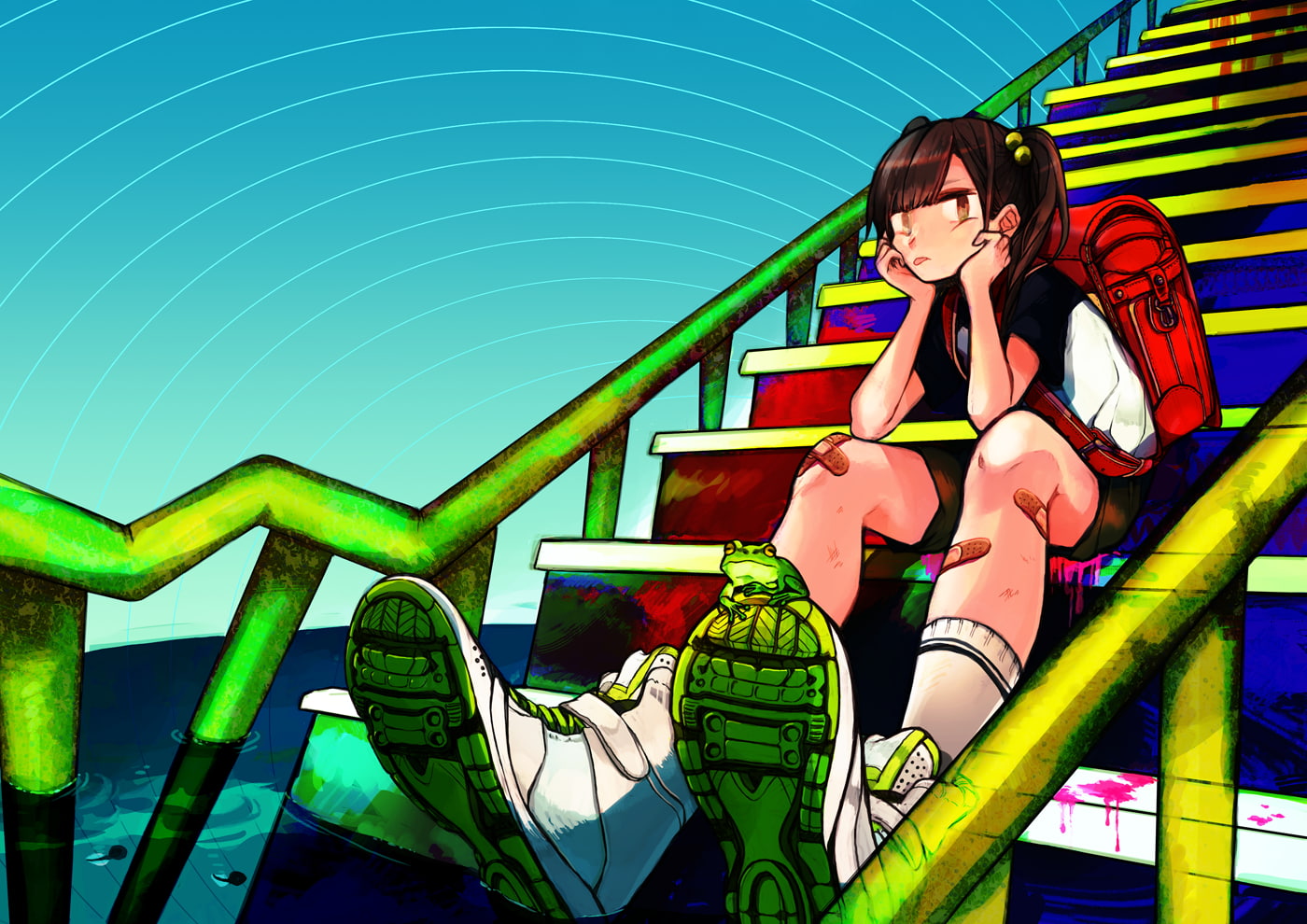 sitting, lifestyles, full length, people, leisure activity, day, girls, anime girl, Anime, women, childhood, child, real people, front view, stairs, two people, HD Wallpaper