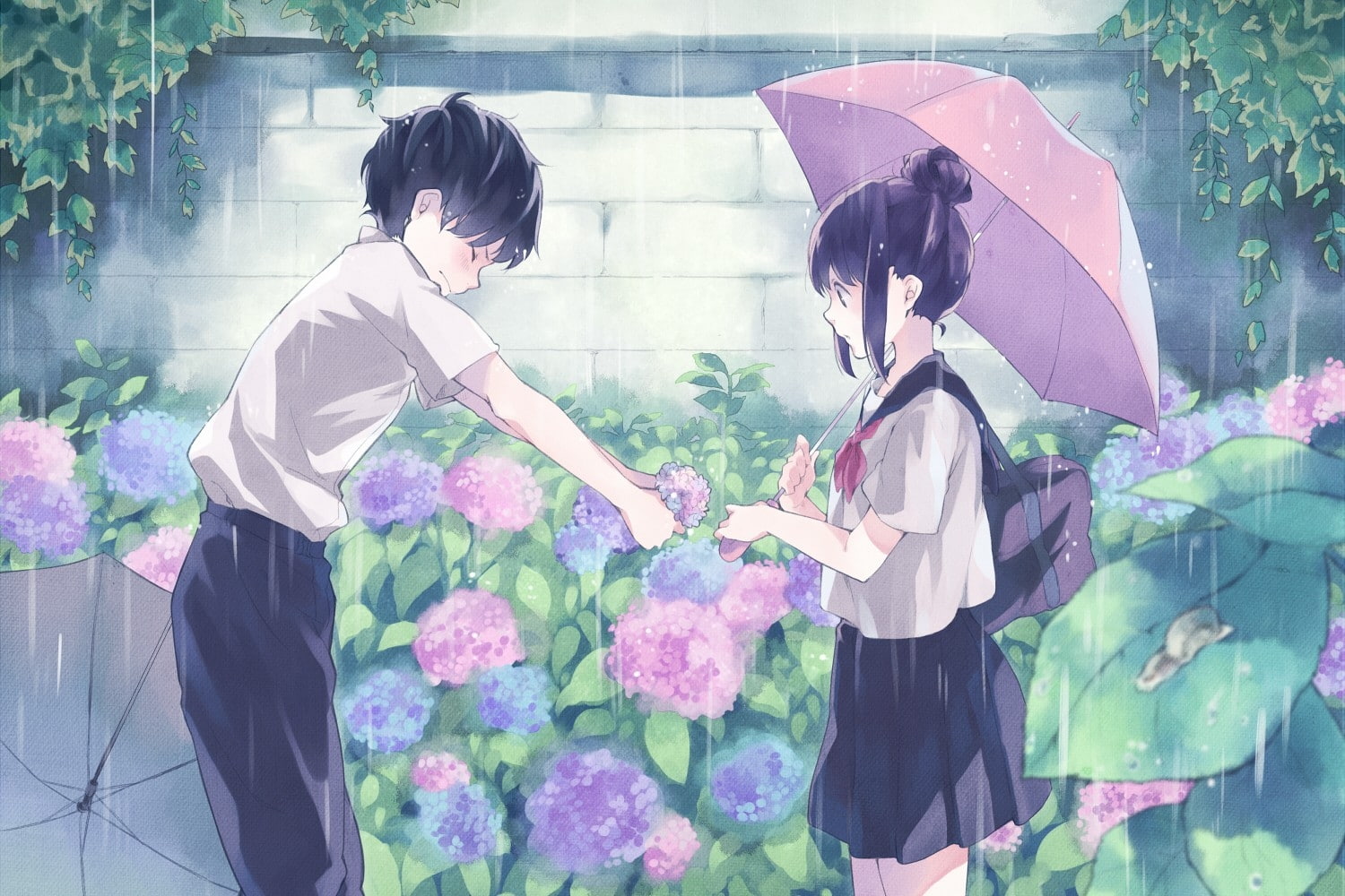 anime, umbrella, umbrellas, plants, school, closed, outdoors, boys, leaves, Flowers, eyes, rain, bags, ani, art, uniforms, hd, 720P, skirts, HD Wallpaper