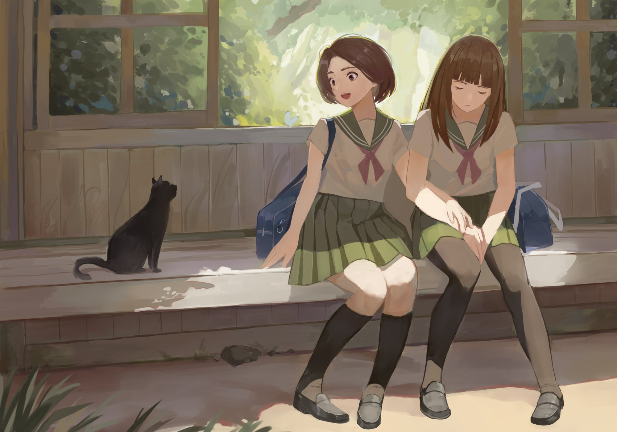 Brown Eyes, School Uniform, 1080P, Original, Cat, Short Hair, Bag, Brown Hair, Anime, HD Wallpaper