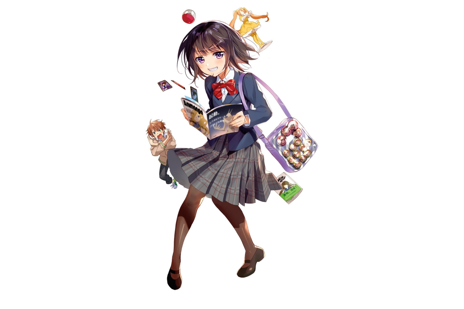 Thigh Highs, Anime, School Uniform, Original, 1080P, Schoolgirl, Girl, Purple Eyes, Bag, Short Hair, Book, HD Wallpaper