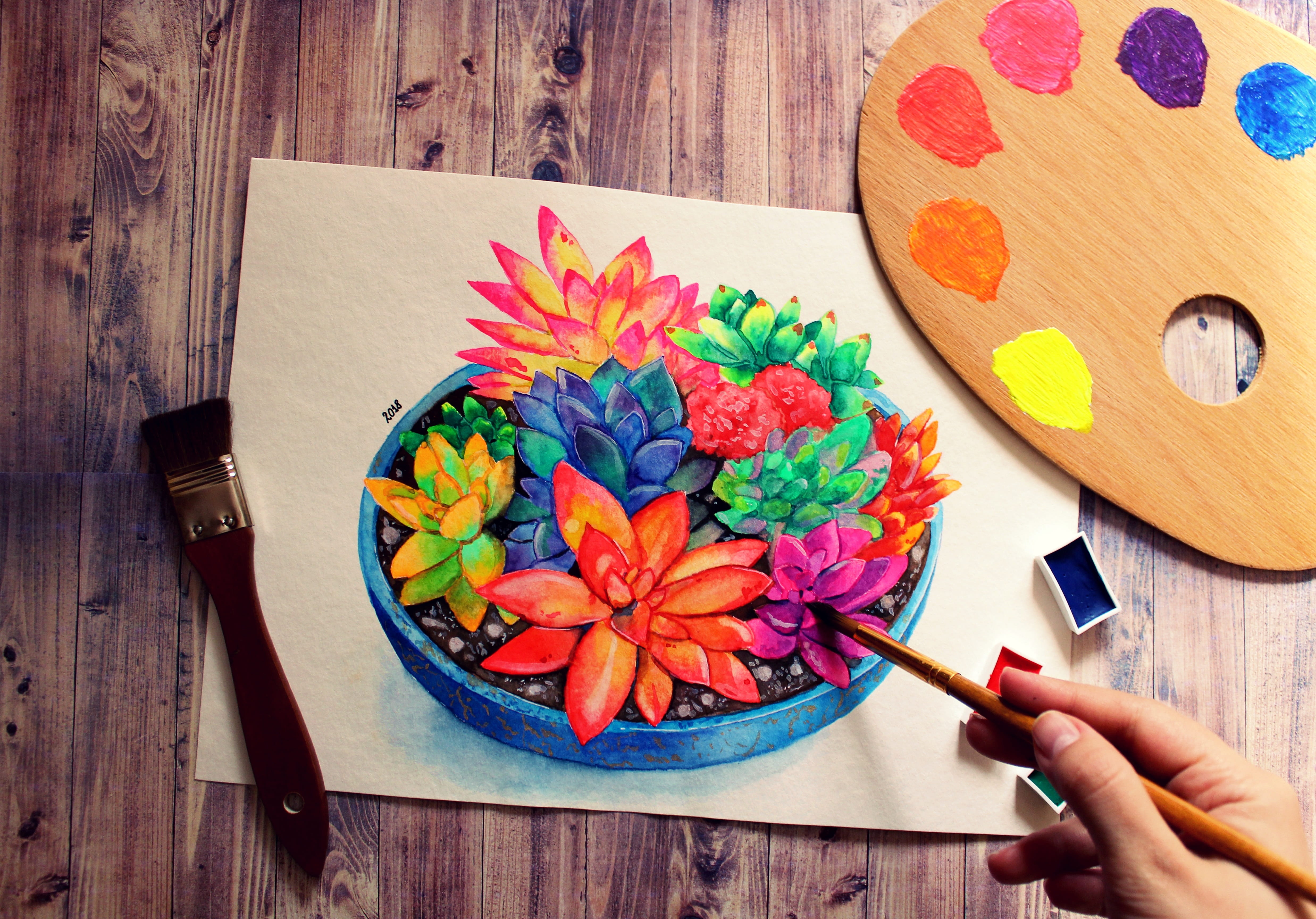indoors, aquarelle, hand, color, artist, multi colored, close-up, directly above, pencil, art and craft equipment, wood - material, creativity, human hand, HD Wallpaper