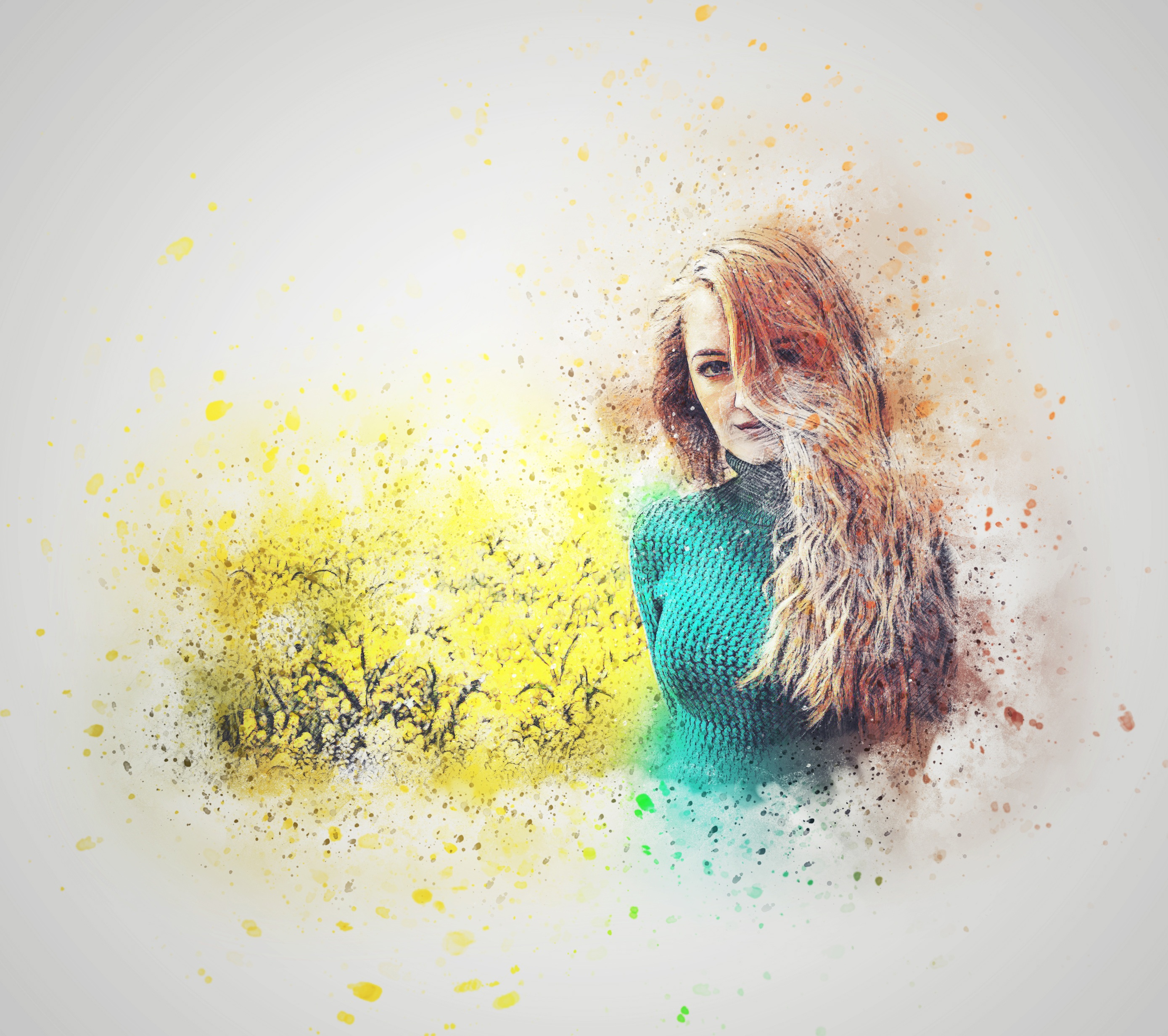 watercolor, decoration, messy, real people, 2K, women, scrapbooking, one person, looking at camera, girl, art, turtleneck, long hair, front view, teal, HD Wallpaper