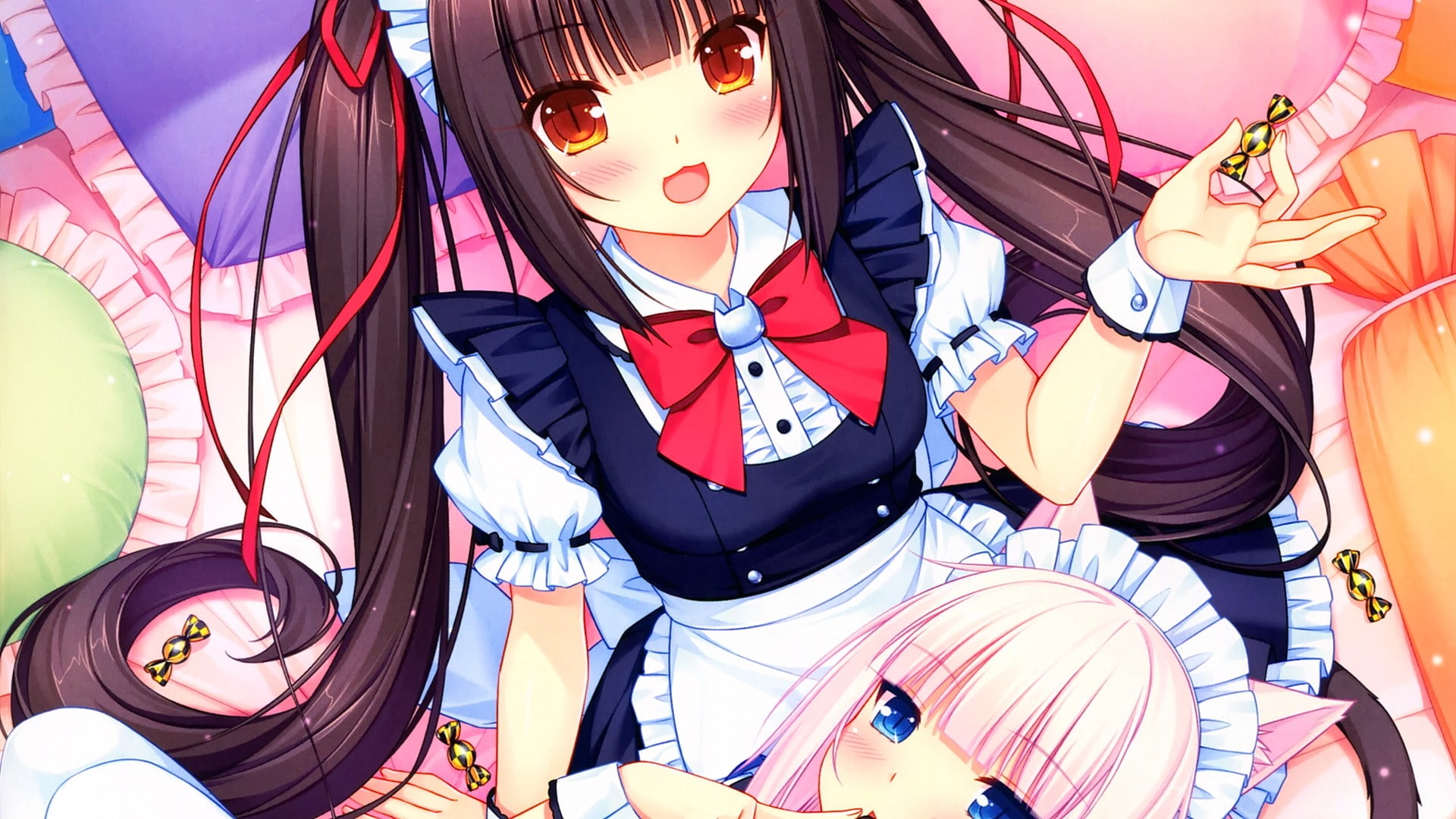 multi colored, anime girls, large group of objects, animal representation, Chocolat (Neko Para), lifestyles, high angle view, 1080P, brunette, open mouth, HD Wallpaper