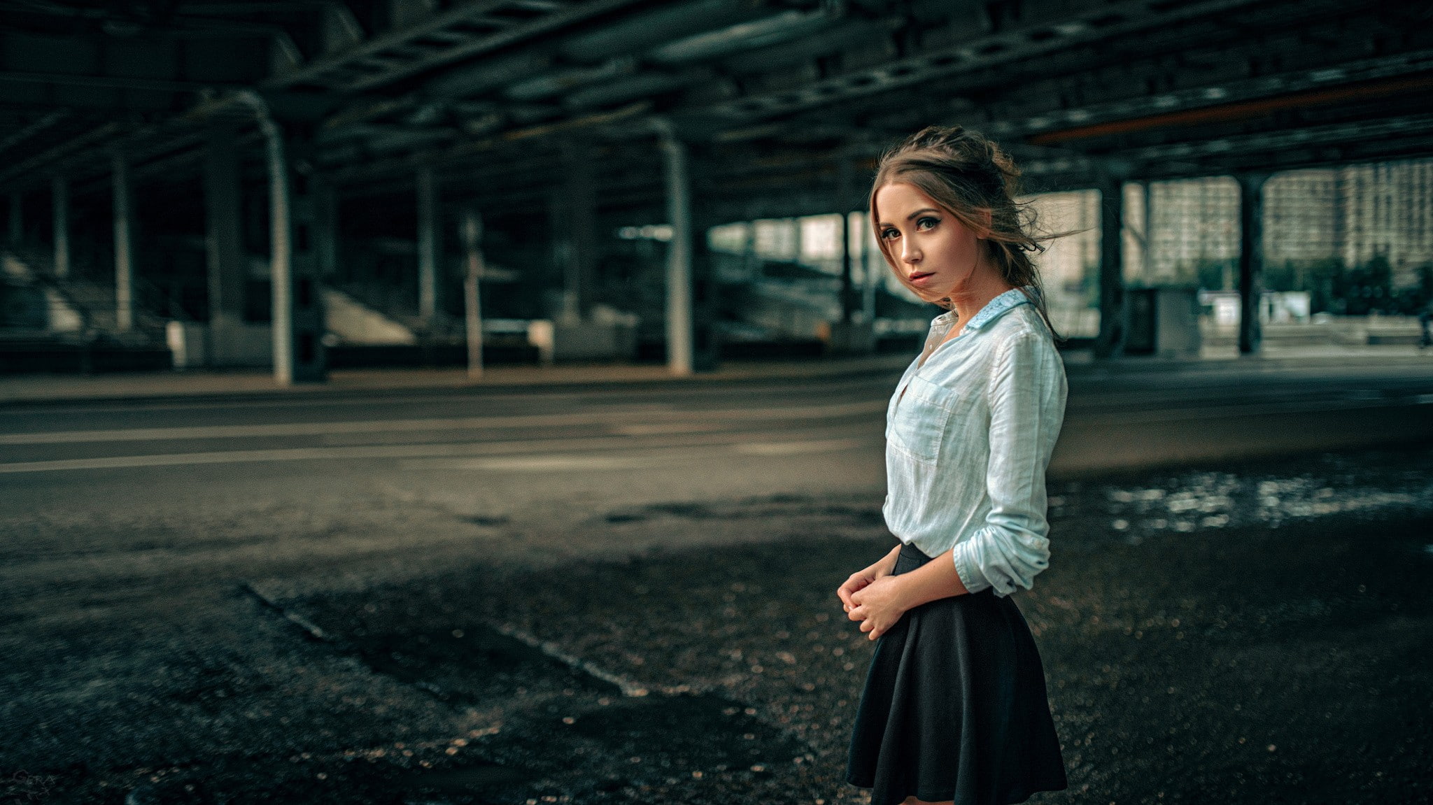 long hair, looking at viewer, 1080P, shirt, skirt, brunette, women, Georgy Chernyadyev, model, Ksenia Kokoreva, HD Wallpaper